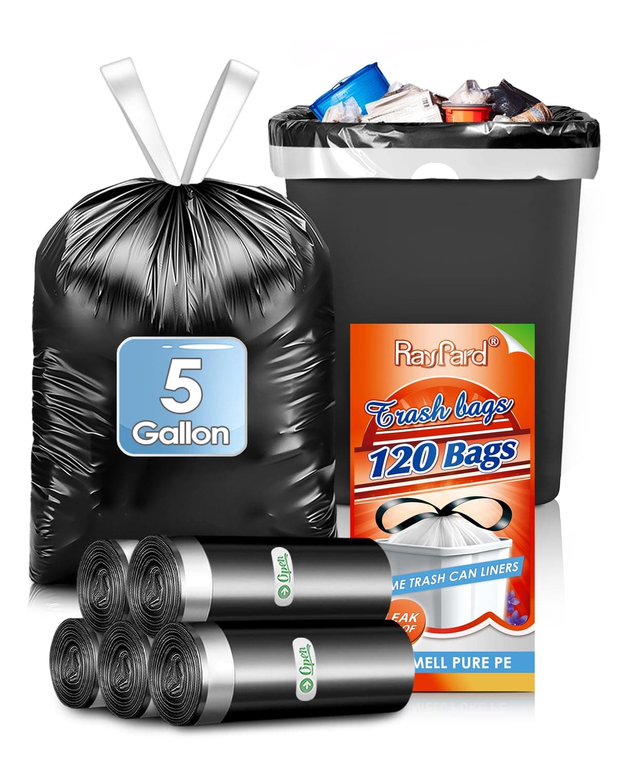 5 Gallon (fit 18-20L)120 Counts Strong Drawstring Trash Bags Garbage Bags by RayPard, Small Plastic Trash Bags Trash Can Liner for Home Office Kitchen Bathroom Bedroom, Black Waste Basket Liners