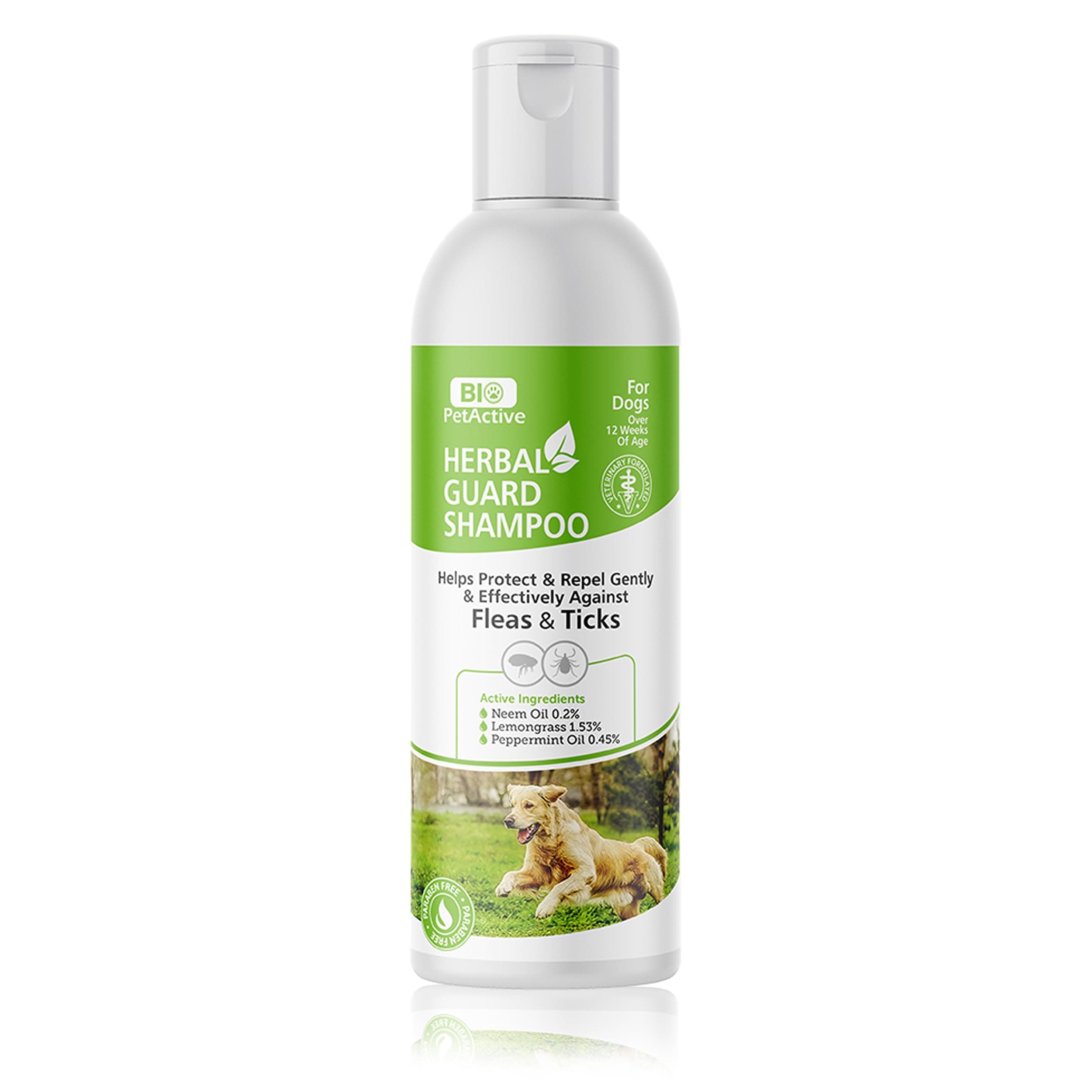 Bio PetActiveFlea and Tick Dog Shampoo 250ml | Paraben Free - Eliminates Fleas, Ticks & Mites | Deep Cleansing Herbal Guard Shampoo with Neem Oil, Peppermint and Lemongrass