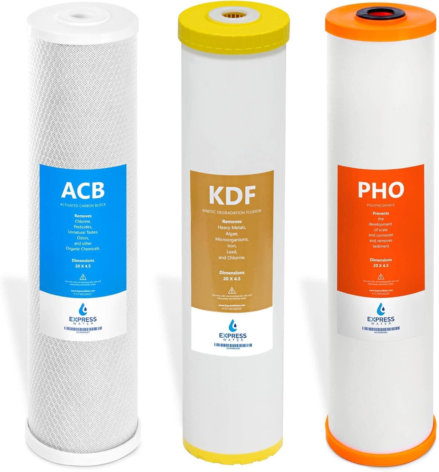 Express Water Whole House Replacement Filter Set, 3 Pack, Carbon Block, KDF, Polyphosphate for Heavy Metal and Anti Scale, Compatible with WH300SCKP, 4.5" × 20" Standard Water Filter Cartridges