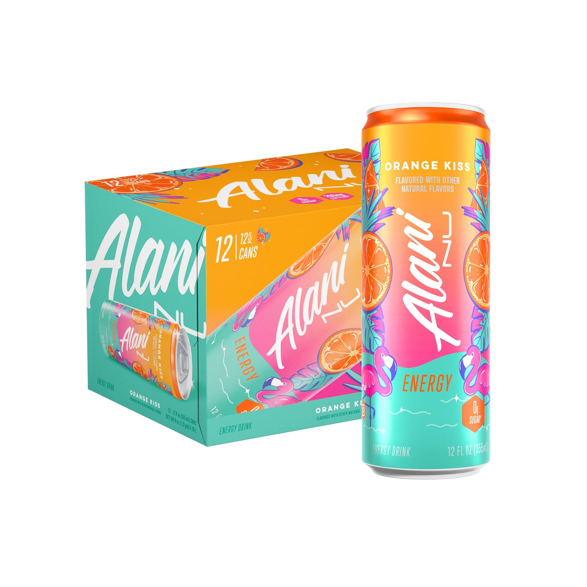 Alani Nu ORANGE KISS, Sugar Free, Low Calorie Energy Drinks, 200mg Caffeine, Biotin, B Vitamins, Zero Sugar, 10 Calories, 12 Fl Oz Cans, 12 Pack
