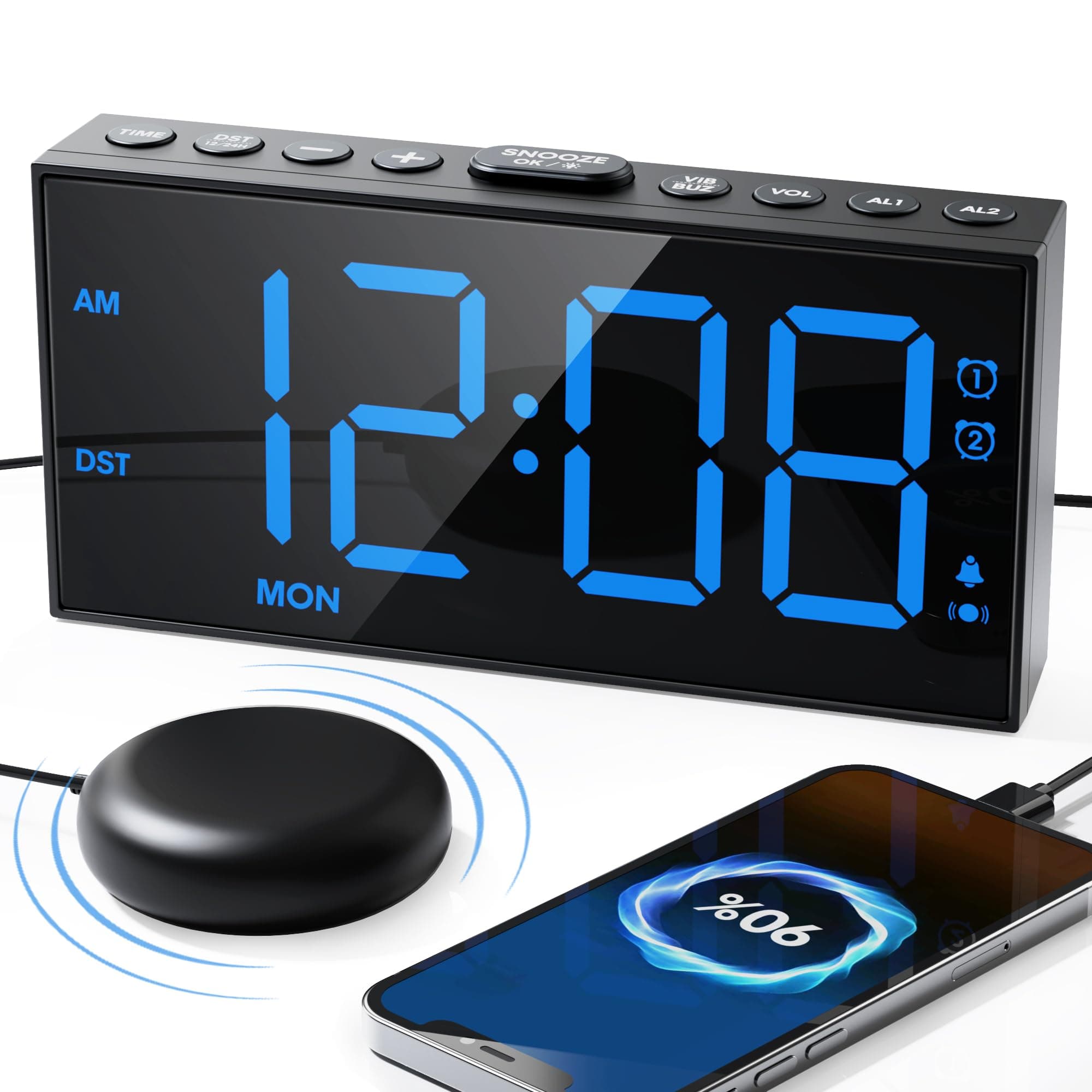 Roxicosly Alarm Clocks for Heavy Sleepers with Powerful Bed Shaker, 5-Level Loud Vibrating Dual Alarm Clock for Deaf, Hearing Impaired, 5 Dimmers, 5 Volumes, Big Snooze, USB Charger, Week Display