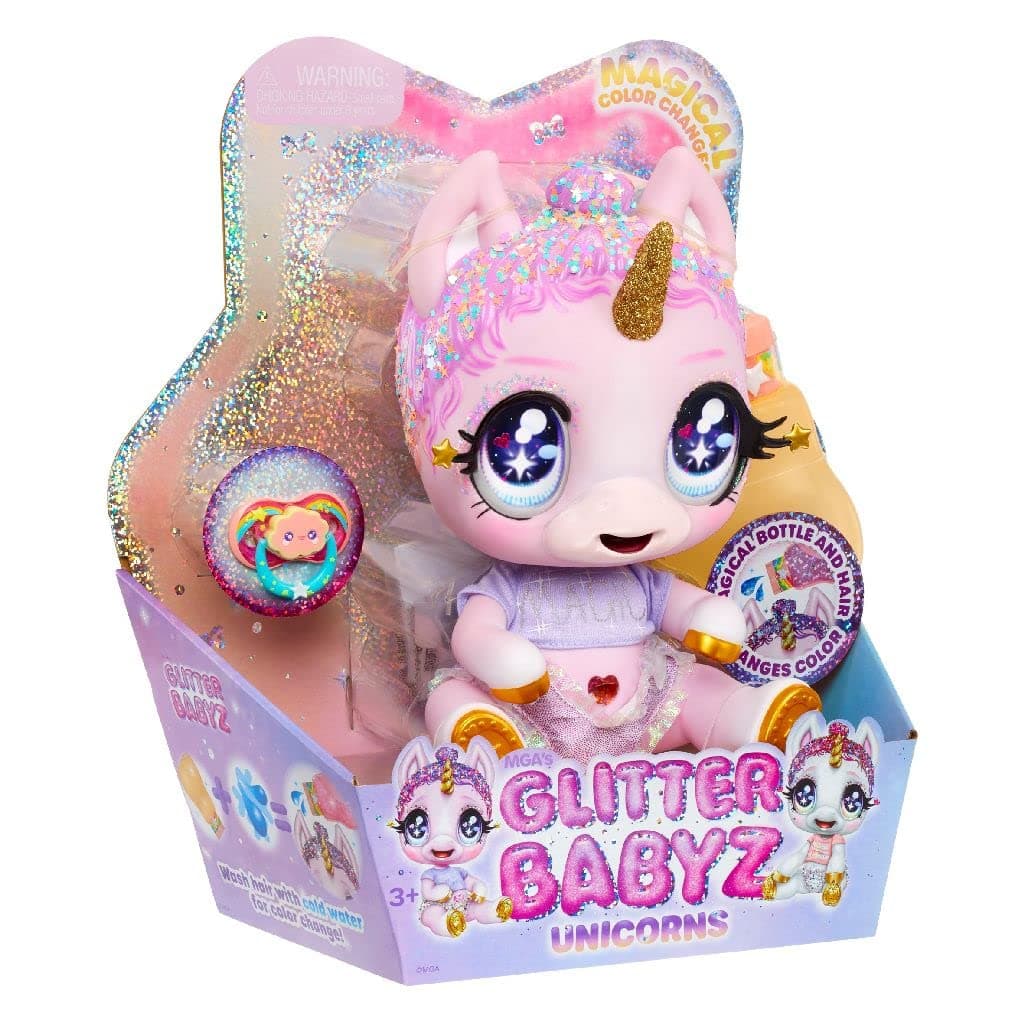 Glitter Babyz, MGA Unicorn Baby Doll, Jewels Daydreamer, Magic T-Shirt, Diaper, Shampoo Bottle and Pacifier, Age 3+, Pink Rainbow
