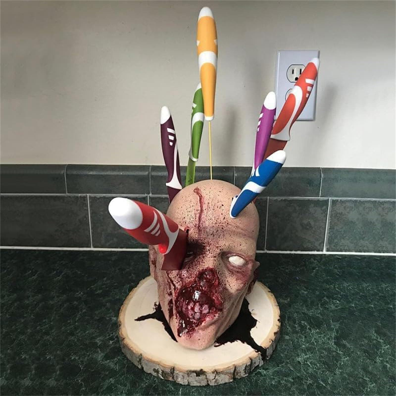 Skull Knifes Holder,Zombie Head Knife Holder for Kitchen Storage, Kitchen Storage Head Holder, Desktop Knife Block Fruit Knife Storage Rack Halloween Decoration Scary Knife Holder Novelty Gift (A)