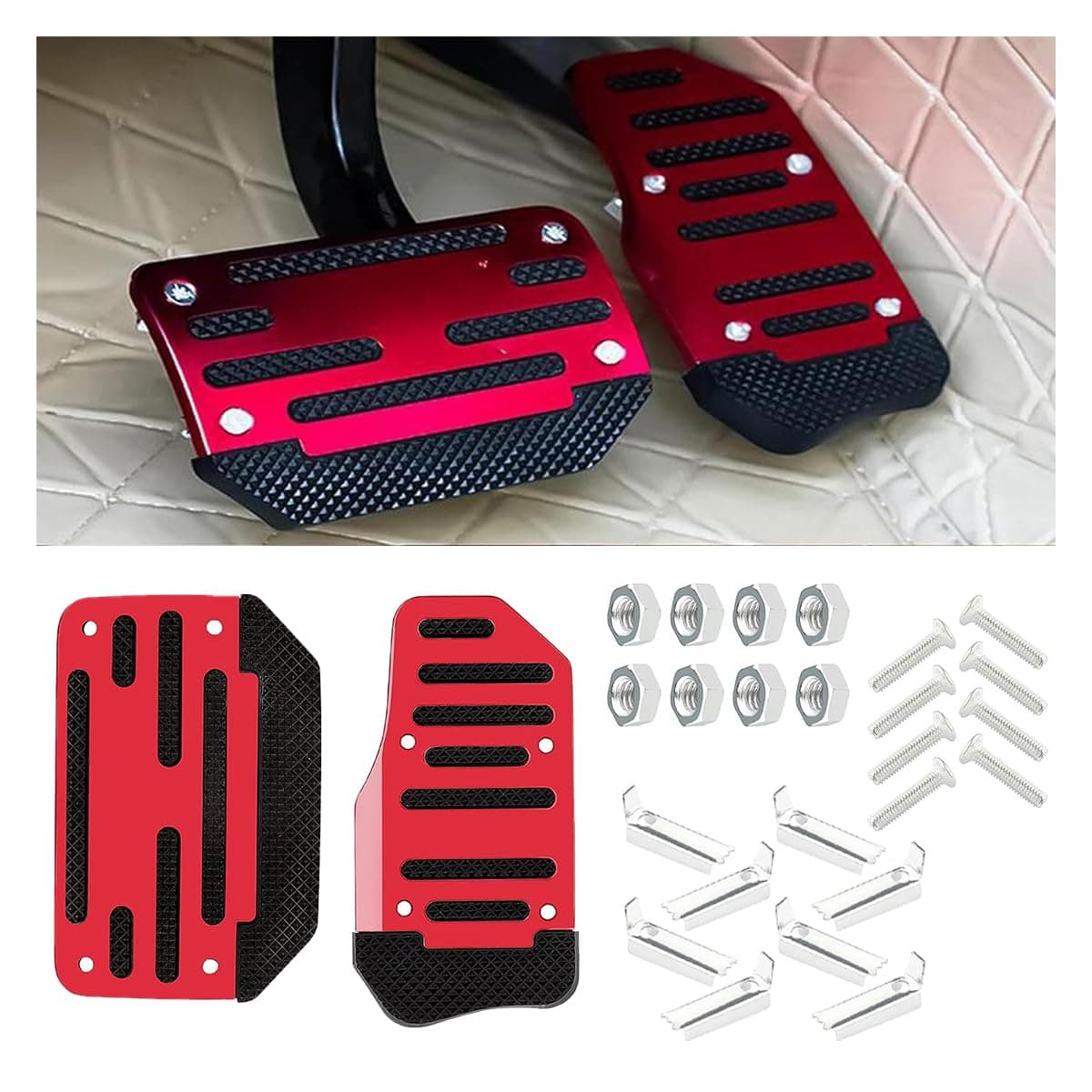 2PCS Non-Slip Car Pedal Covers, Automatic Transmission Gas Pedal Brake Pedal Cover, Aluminum Alloy Pedal Pads for Safe Driving, Car Replacement Accessories, Fit for Car SUV ATV (Red)