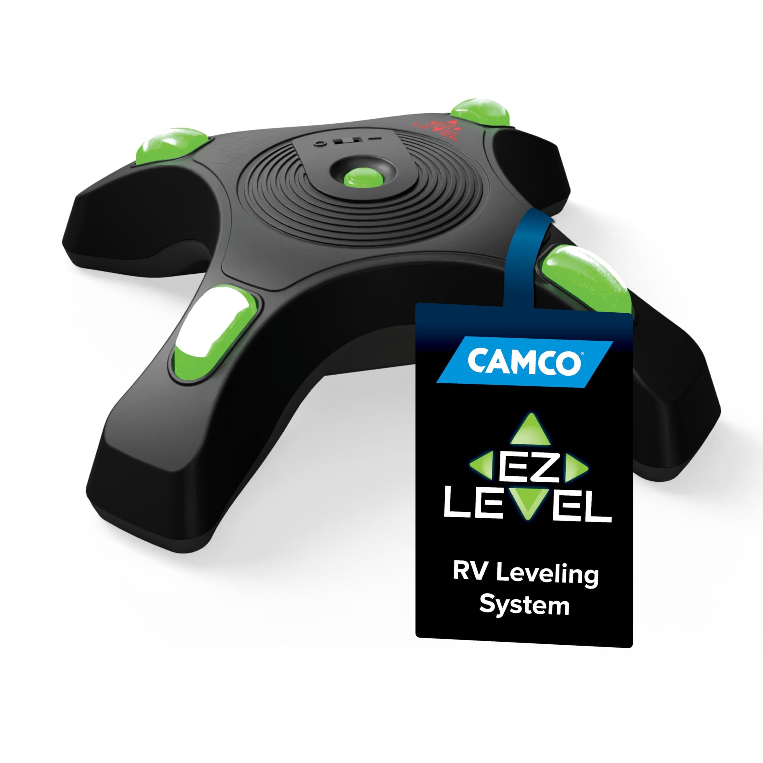 Camco Camper EZ Level - Easy RV Leveling System - Features Illuminated Indicator Lights & Automatic Shut-Off Function when Not In-Use - Includes Pre-Installed On/Off Switch (25505)