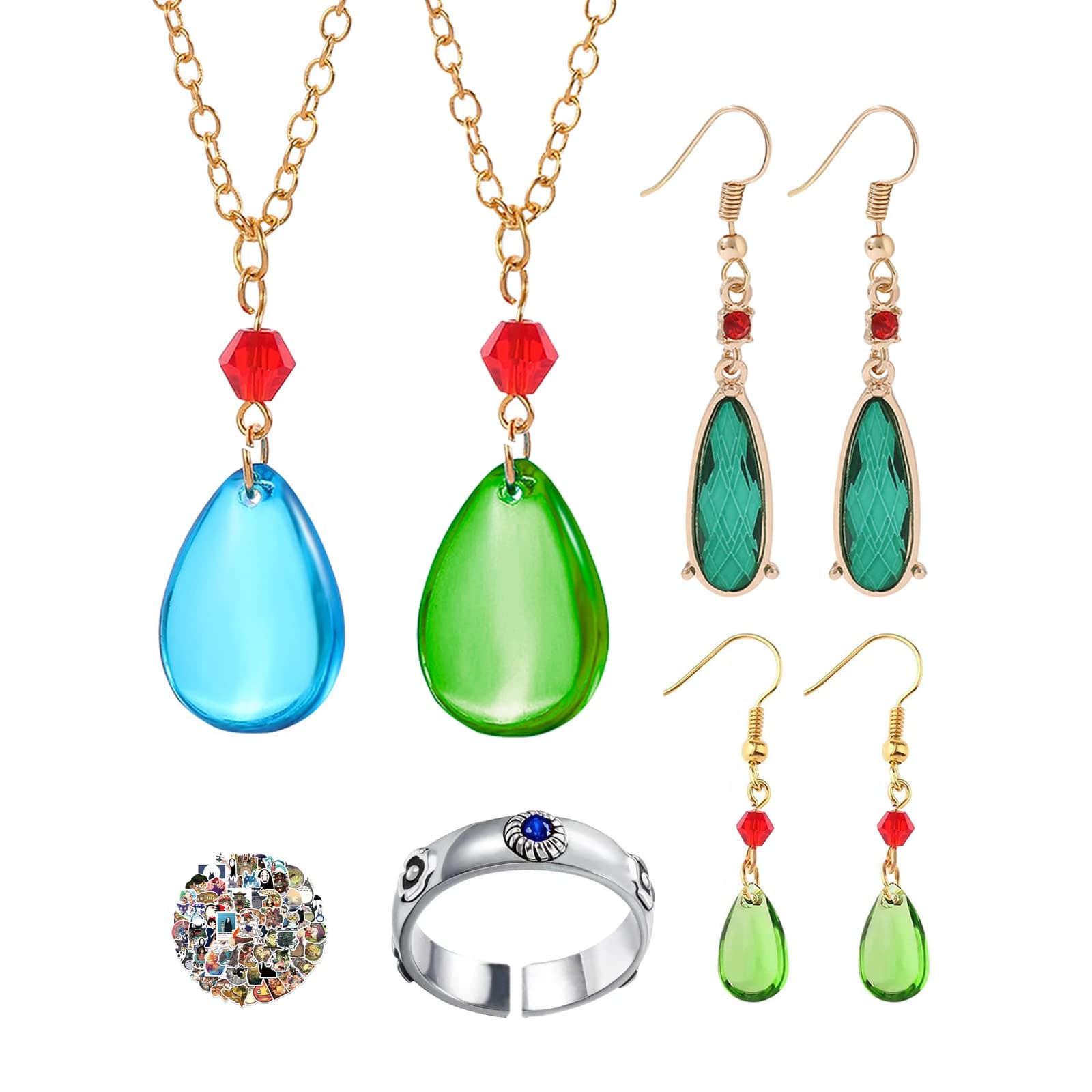 UoYu Anime Howl's Moving Castle Necklace Set Sophie Rings Water Drop Shape Earrings with Stickers 25 pcs