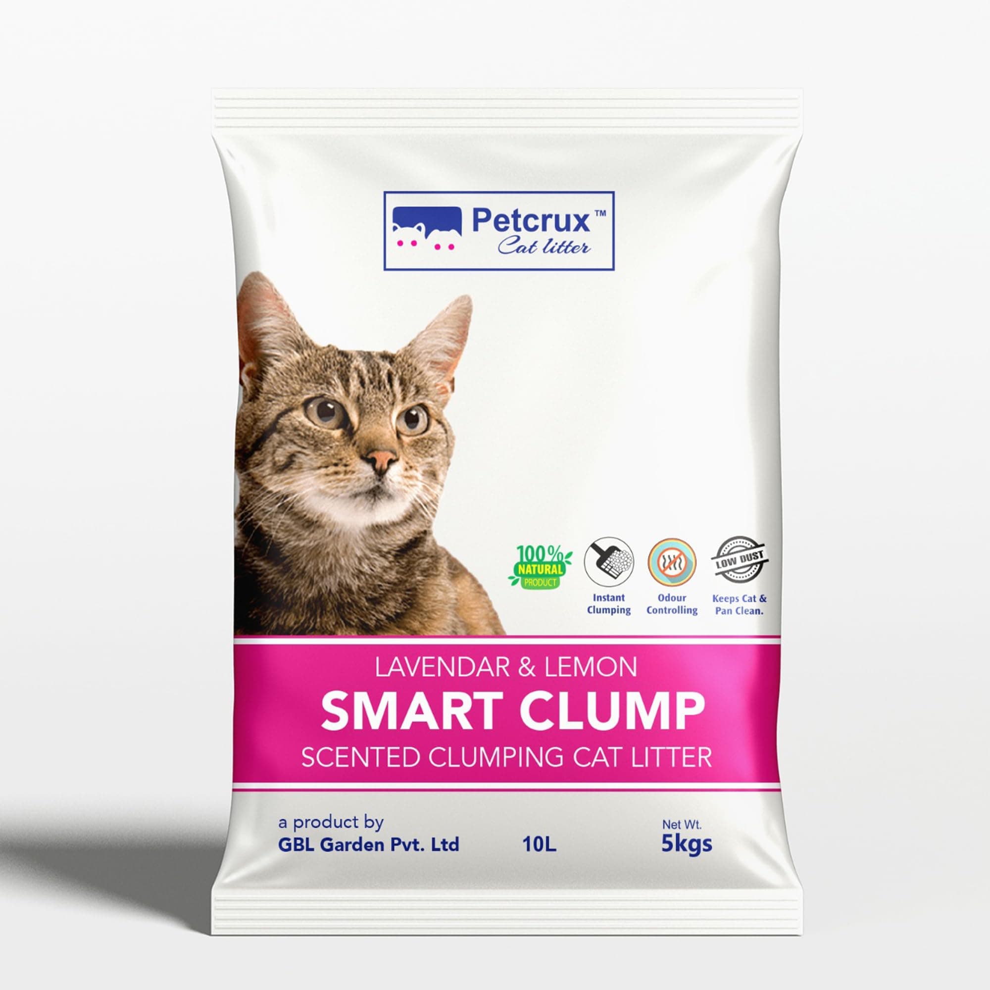 PetCrux Smart Clump Cat Litter 5kg 100% Natural Bentonite Odour lock Lavender and Lemon Scented Clay Dust Free Trial or Travel or Single Pack Premium Absorbent Eco-Friendly Sand for all Breeds of Cats