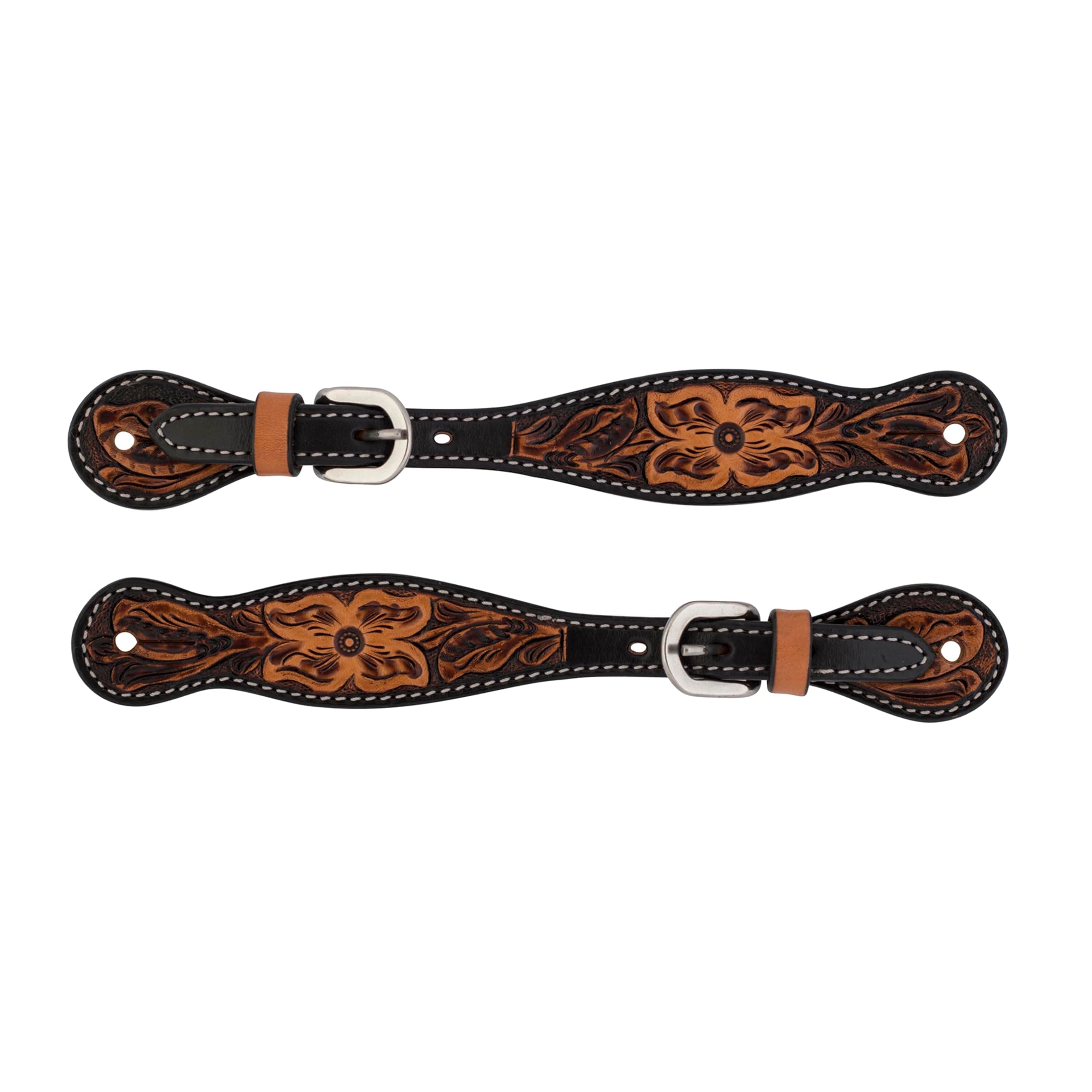 Turquoise Cross Weaver Equine Ladies Floral Tooled Womens Spur Straps, Genuine Cowhide Boot Straps for Cowboy Boots, Western Spur Straps for Horse Riding, Light Oil