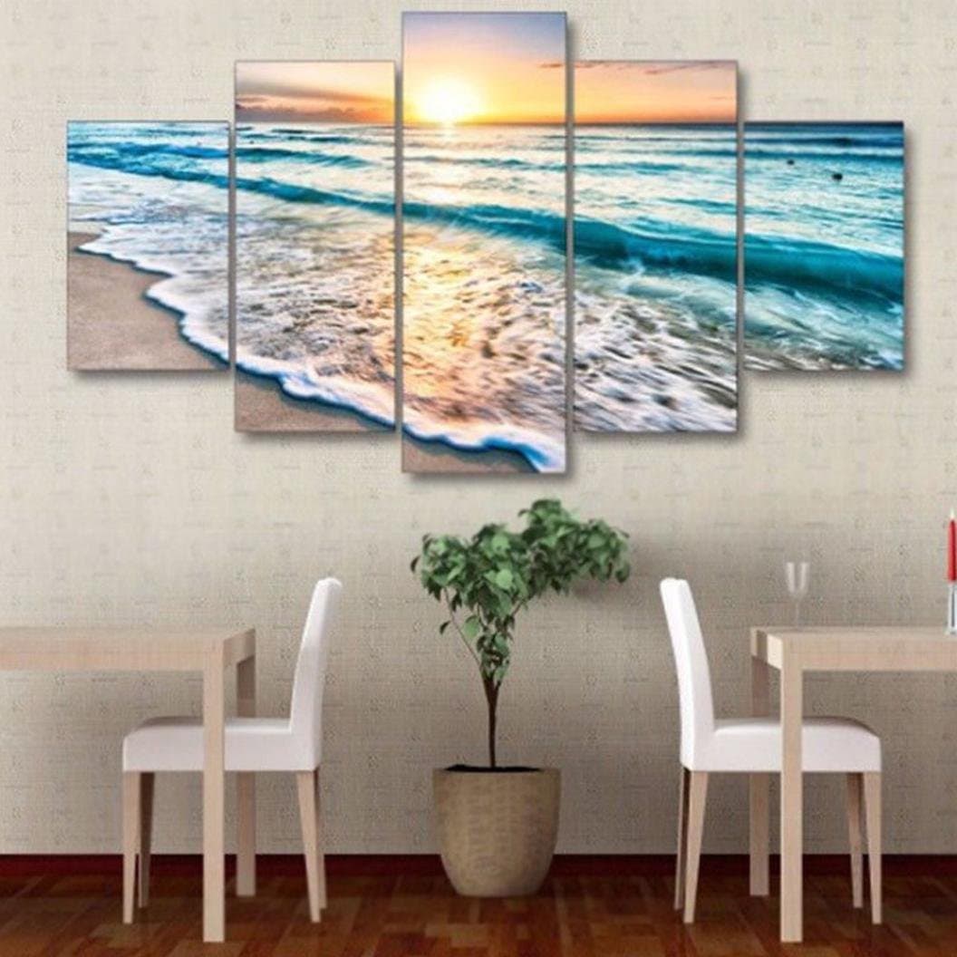 Spritumn 5 Pcs Print Painting Blue Sea and Sunrise Unframed Canvas Art Oil Painting Modern Seascape Wall Art Decor For Homes Office