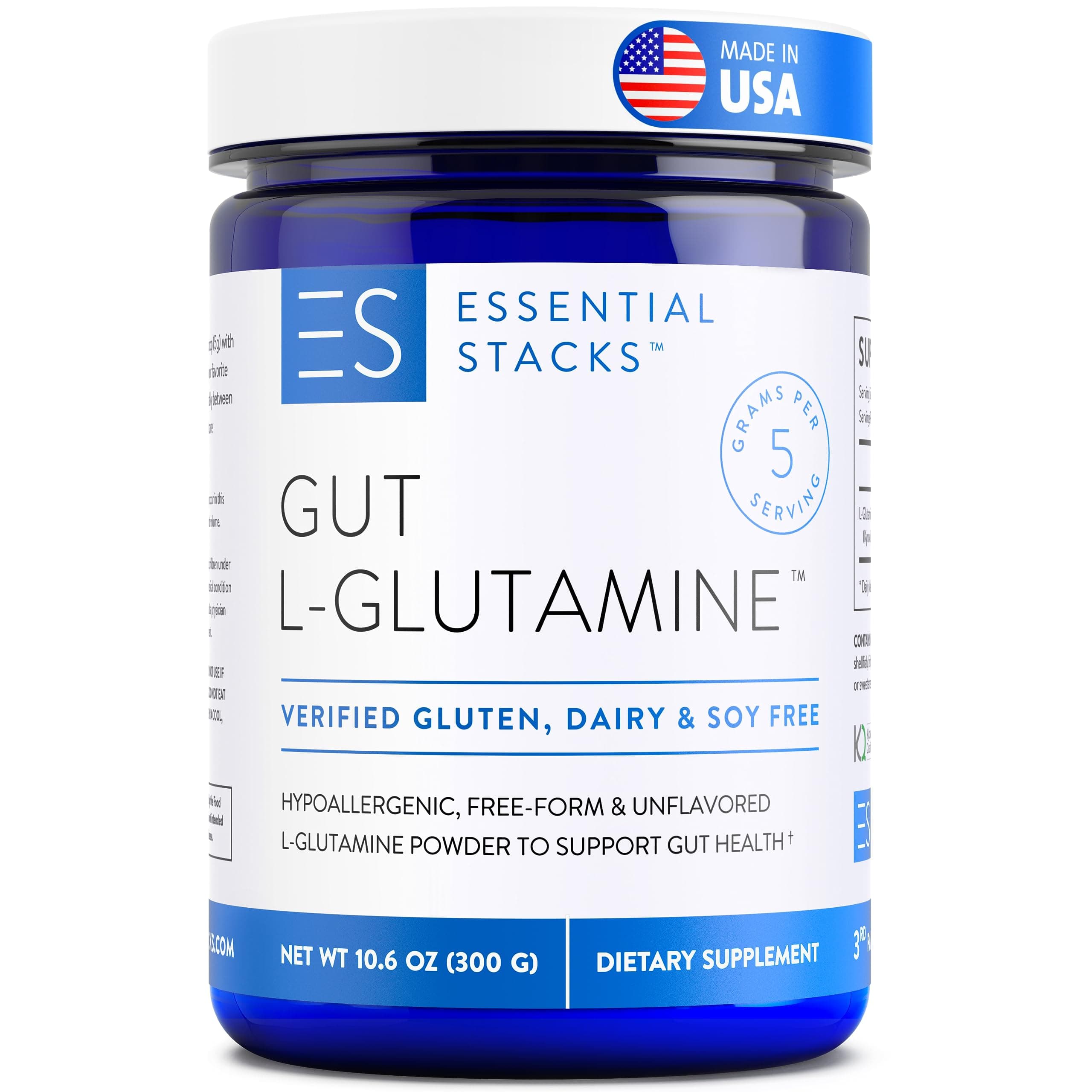 Gut L-Glutamine Powder - Made in USA - Pure L Glutamine Powder for Leaky Gut, Bloating & Gut Health - Dairy, Soy & Gluten Free, Non-GMO, Vegan Glutamine Supplement