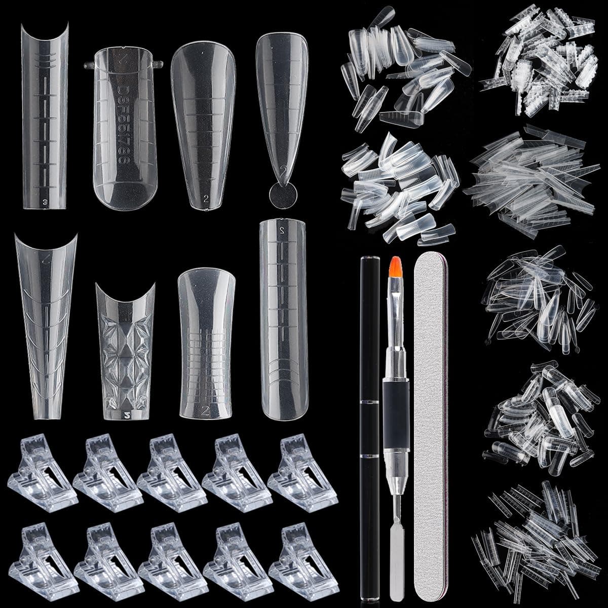 Fcozpjk Dual Nail Form Kit, 480pcs Dual Forms for Polygel, Stiletto Coffin Ballerina Nail Extension Forms, 10pcs Nail Clips With Nail Gel Brush Pen Nail Files Buffer, Nail Extension Kit for Beginner
