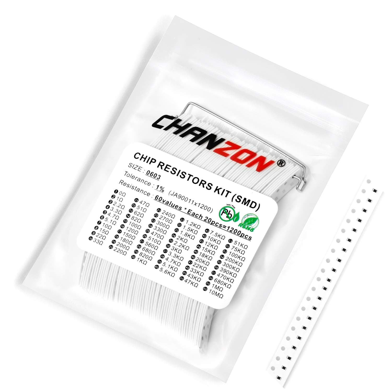 Chanzon 1200pcs 0603 SMD Resistor Kit 0-10M Ω ohm 60 Values 1/10W 0.1W ±1% Tolerance Thick Film 0-10MR SMT Chip Resistors Rohs Certificated