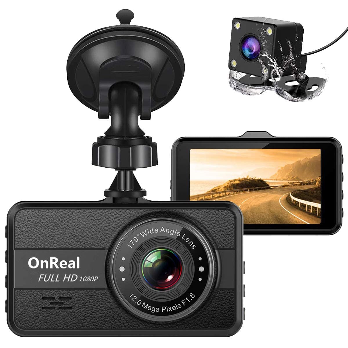 OnReal Dual Dash Cam FHD 1080P Front and Rear Cameras 3" Car Dashboard Recorder with Night Vision, 170° Wide Angle, G Sensor, Parking Monitor, Motion Detection, WDR