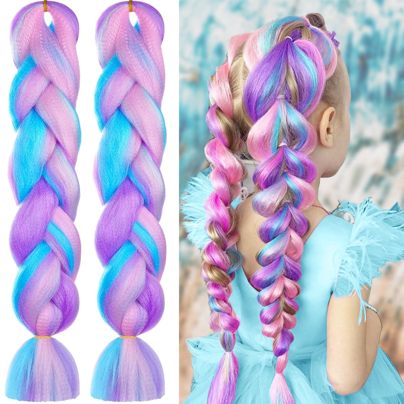 2PCS 4 Tone Hair Extensions for Braiding, Mermaid Fake Braids Hair, Plait Coloured Synthetic Wig