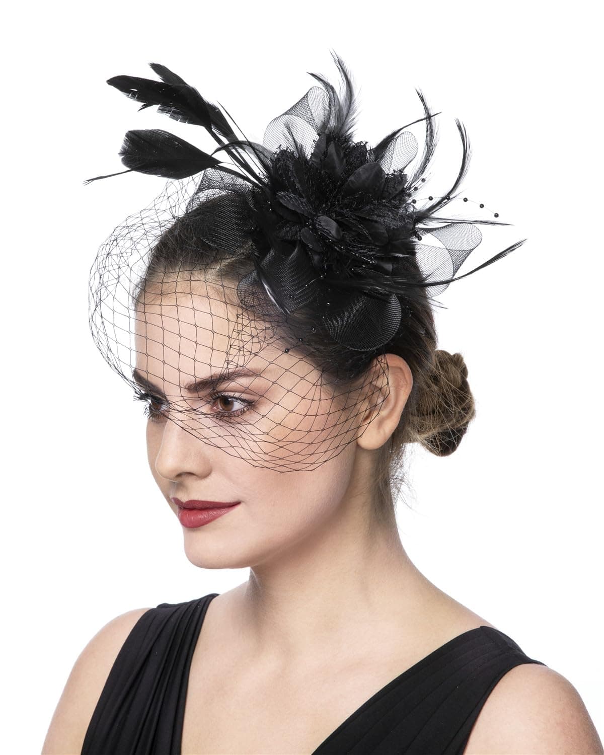 SAFERIN Women's Fascinators Feathers Tea Party Hat Veil Headband with Hair Clip for Cocktail Church