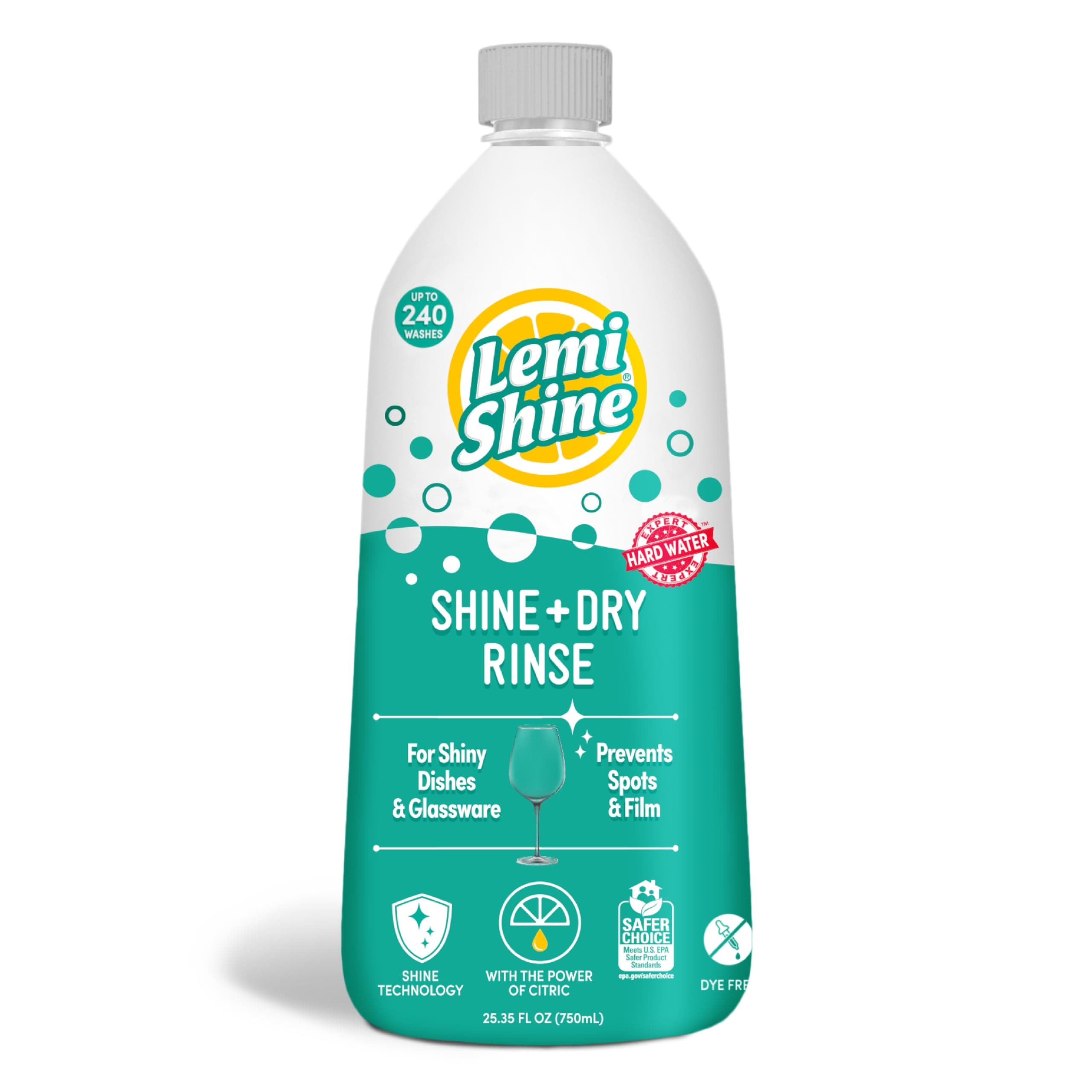 - Lemi Shine Shine and Dry Natural Dishwasher Rinse Aid - Hard Water Stain Remover - 25.35 fl oz