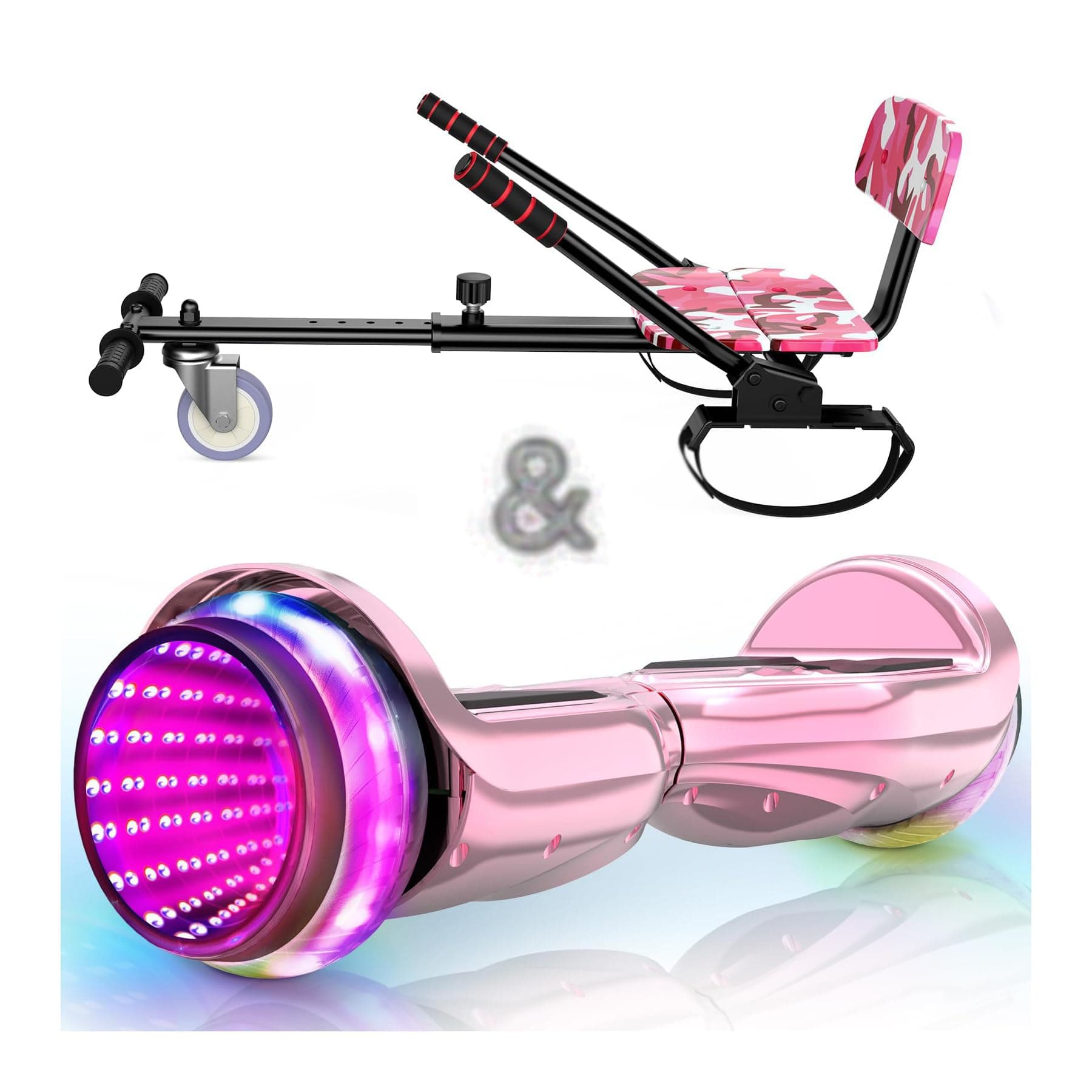 SISIGAD Hoverboard with Seat Attachment, 6.5'' Self Balancing Hoverboards Go Kart with Bluetooth and LED Lights, Plating Pink Scooter with Camo Pink Seat Attachment Combo