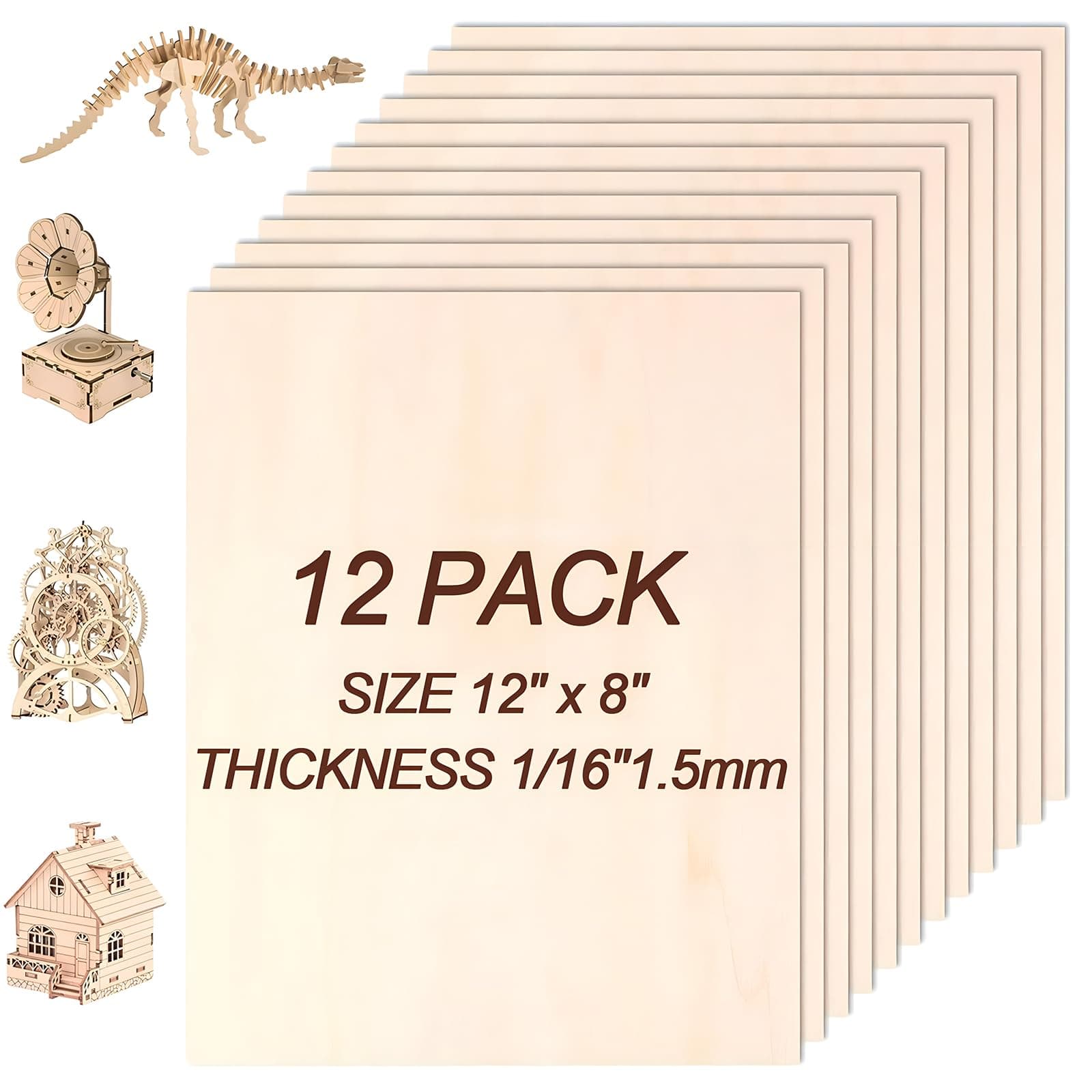 12 Pack 12"x8"x1/16" Basswood Sheets, 1.5mm Thickness, Craft Wood, Unfinished, For DIY Ornaments, Model Engraving, Wood Burning, Architectural Models, Drawing, Laser Cutting