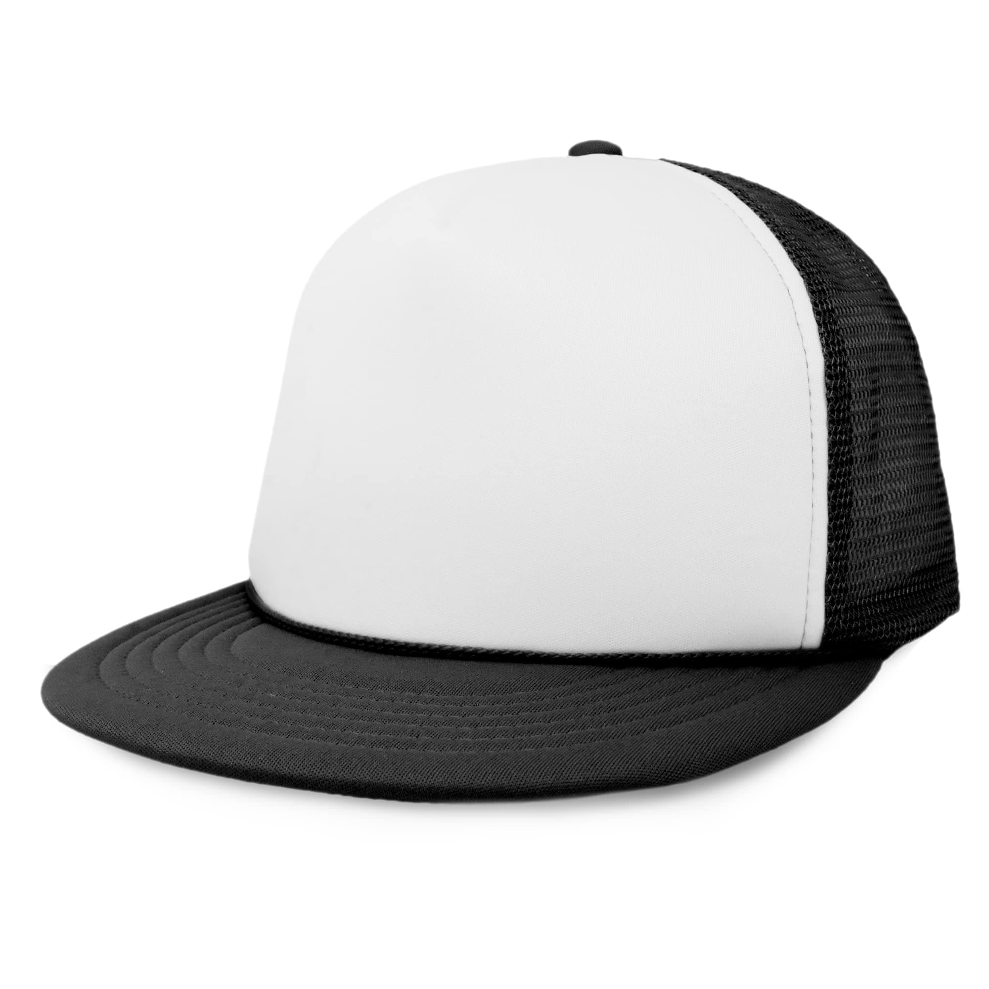 Flat Billed Trucker Hat Mesh Back S M L Adjustable Cap Solid Two Toned Snapback