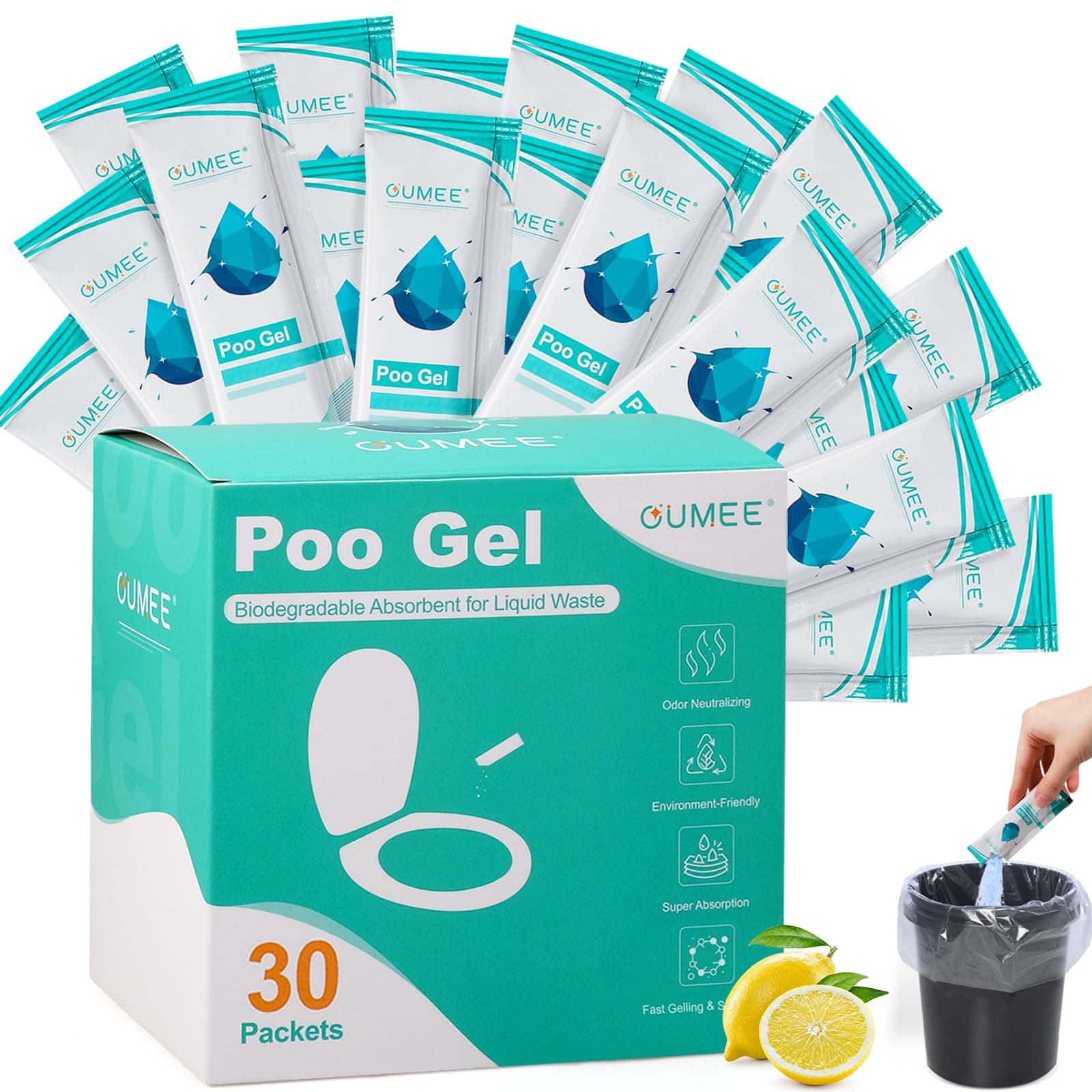 OUMEE 30 Packets Poo Gel for Portable Toilet, Camping Toilet Powder for Potty Bags, Eco Absorbent Gel, Portable Toilet Gel Packets for Outdoor Recreation Camping Supplies