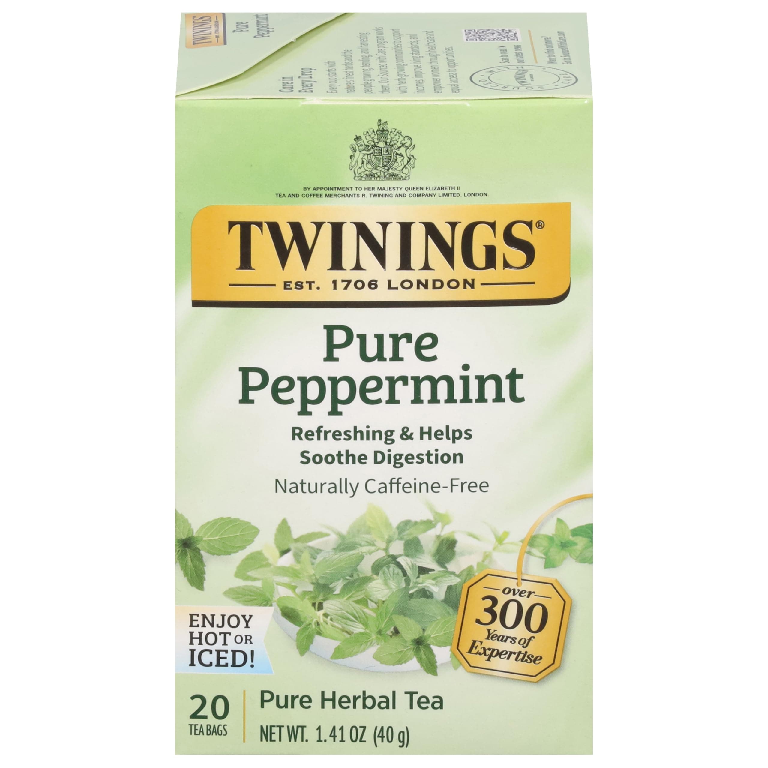Twinings Pure Peppermint Individually Wrapped Tea Bags, 20 Count (Pack of 1), Fresh Minty Flavour, Naturally Caffeine Free, Enjoy Hot or Iced