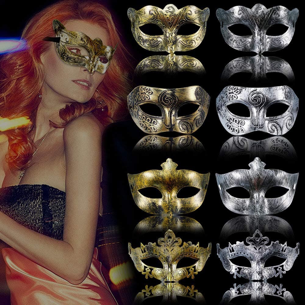 RMENOOR 8 Pcs Masquerade Masks Venetian Eye Mask Luxury Face Mask Vintage Carnival Masks for Props Party Halloween Valentine's Day(Gold&Silver)
