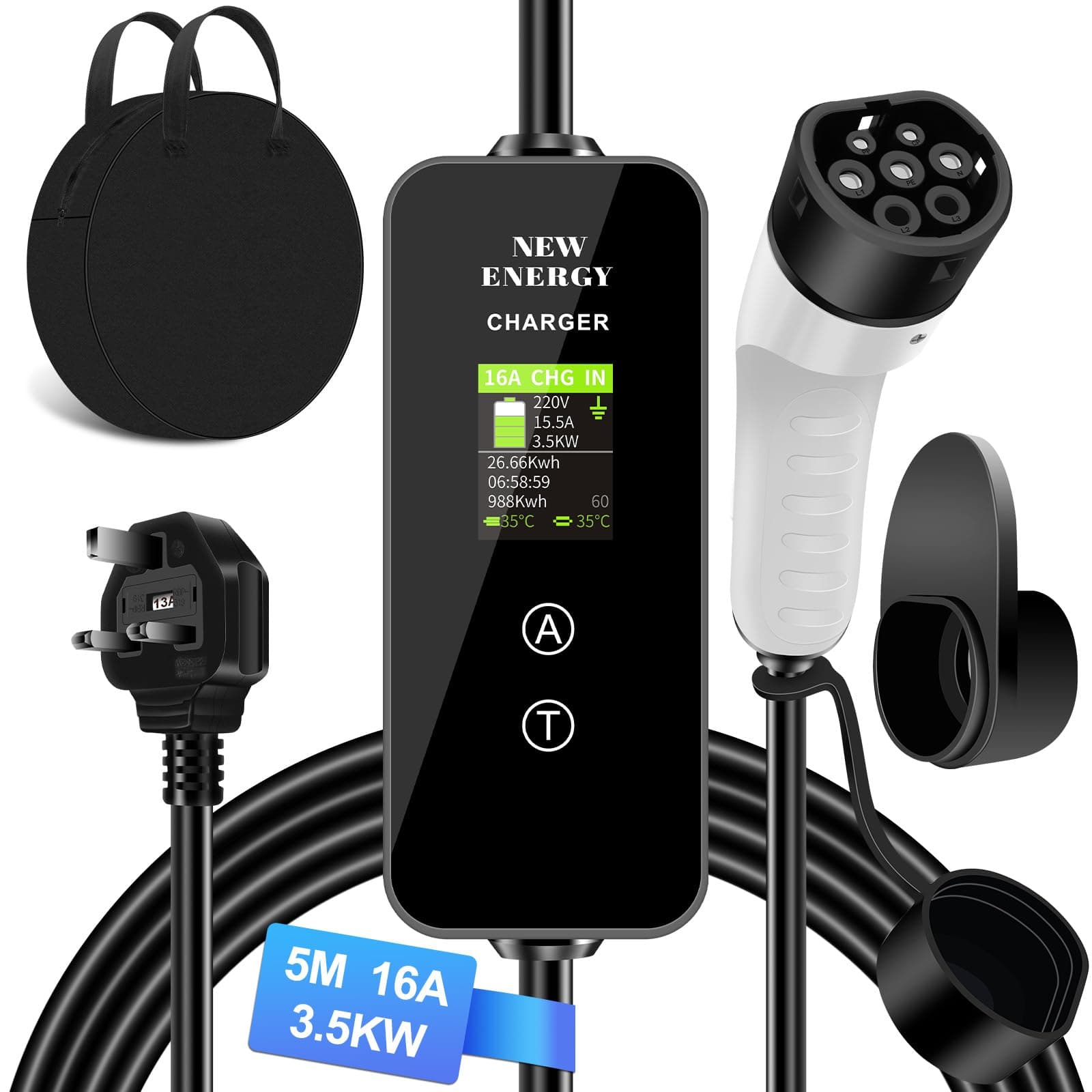 lvelfe EV Charger Cable Type 2 To 3 Pin Plug 5M, 8A/10A/13A/16A Adjustable Current EV Charger, Portable Electric Car Charger, 12 Hours Delay Timer, 2.4-Inch Display, Type 2 For EV & PHEV,White