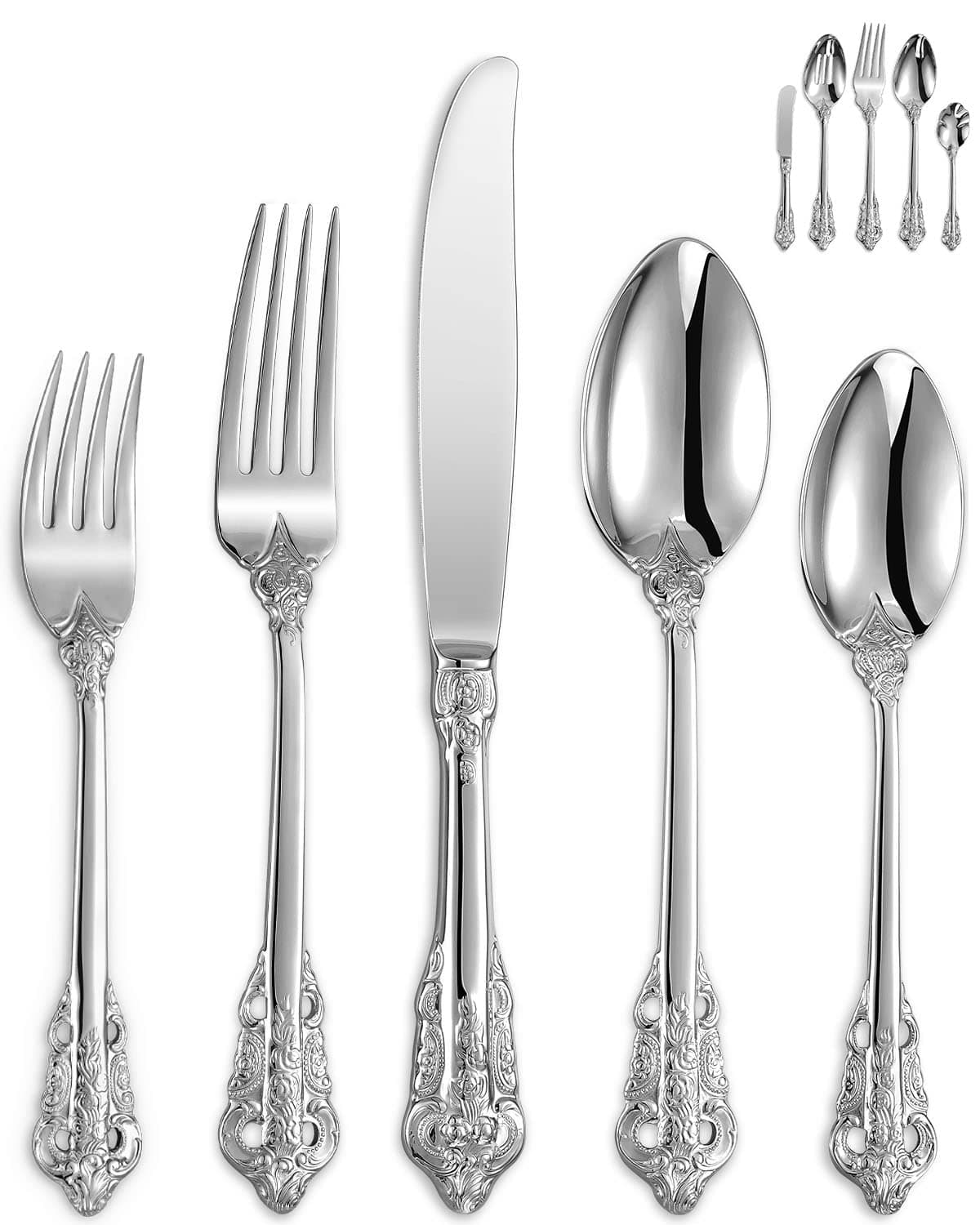 Luxury 45-Piece Silverware Set, 18/10 Stainless Steel, Service for 8, Mirror Finish, Antique Baroque Design, Dishwasher Safe (Silver)