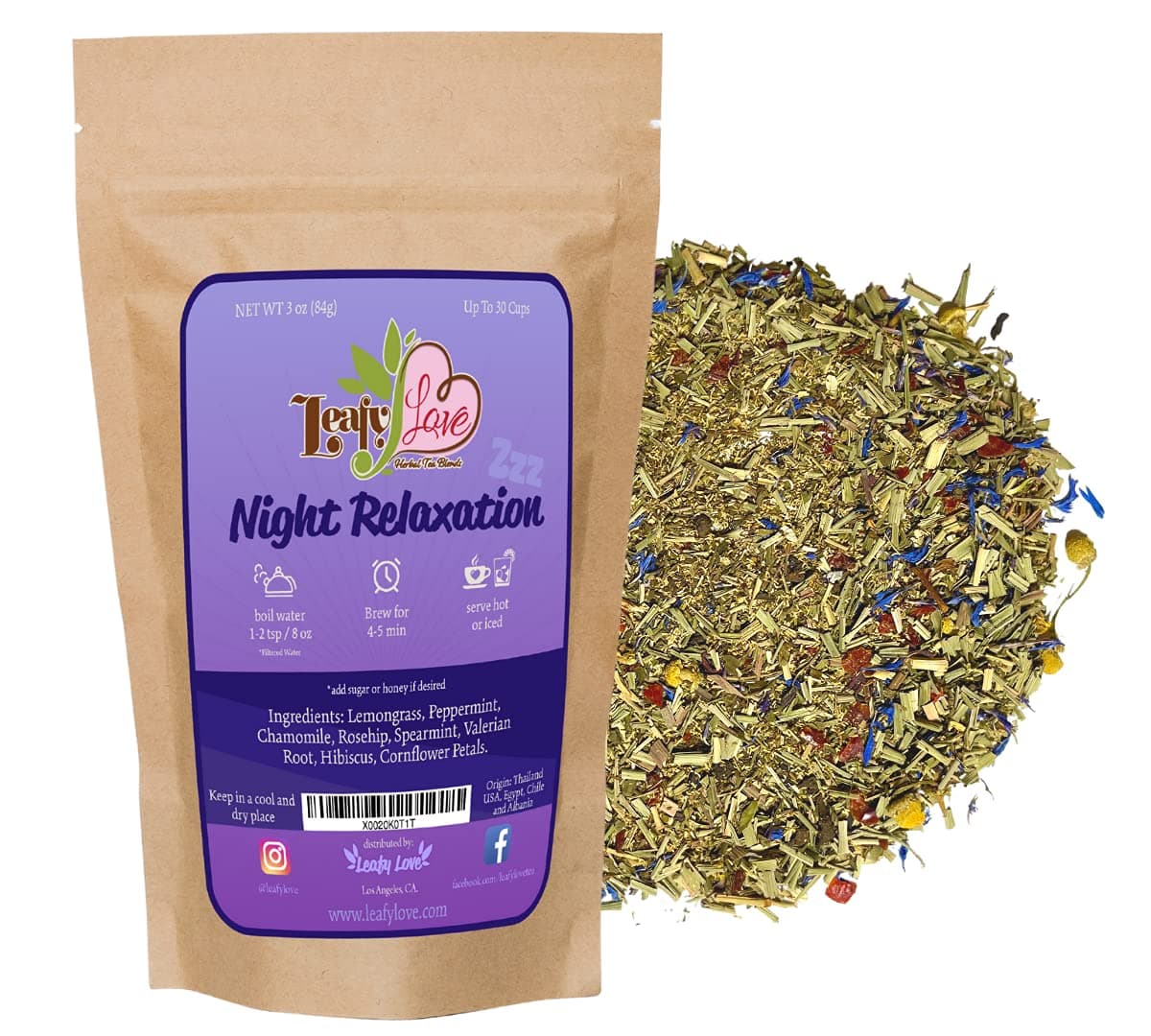 Night Relaxation Loose Leaf Calming Tea Blend, Essential Herbs for Anxiety, Stress, Better Sleep, Muscle Relaxing, Valerian Root, Chamomile, Lemongrass, Peppermint, 3 Oz, Up To 30 Cups