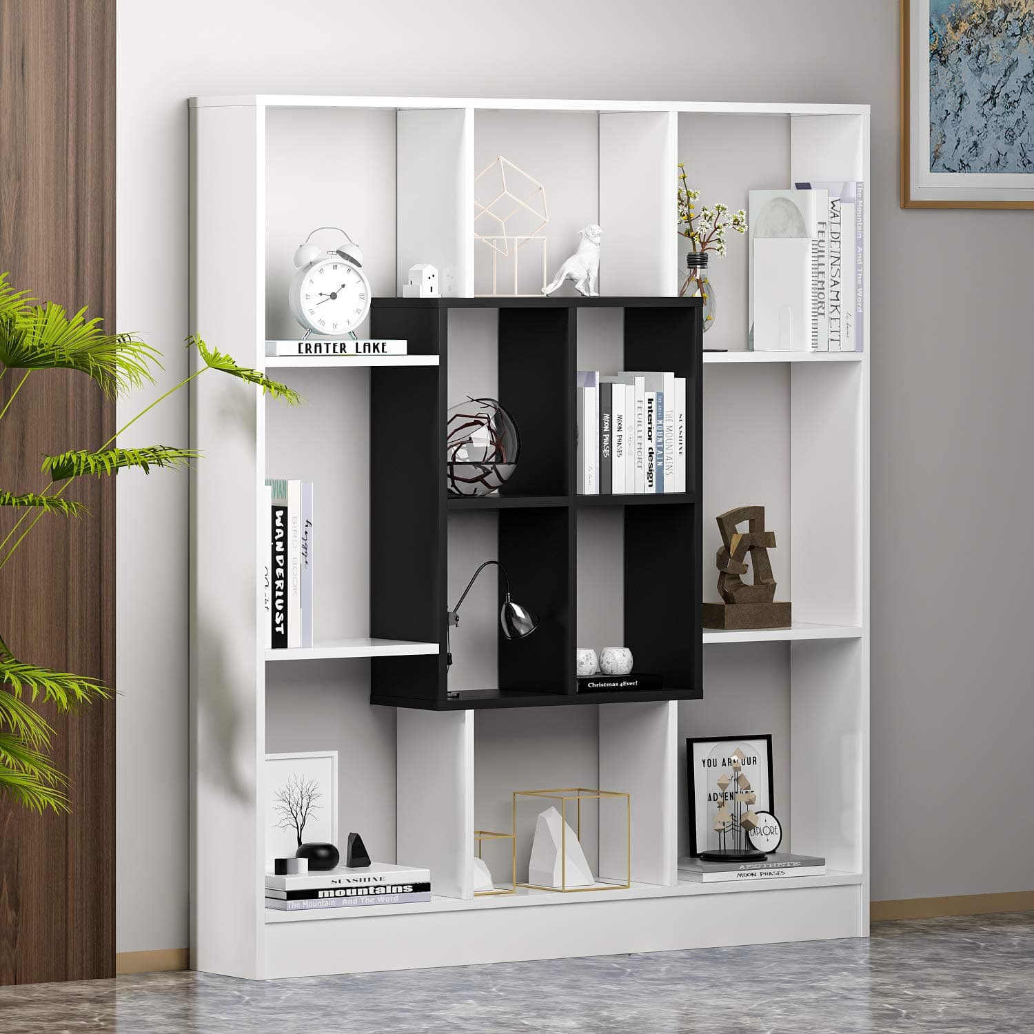HOMIDEAMARS Bookcase - Bookshelf - Shelving Unit - Room Divider for living room or office in modern design (White/Black)