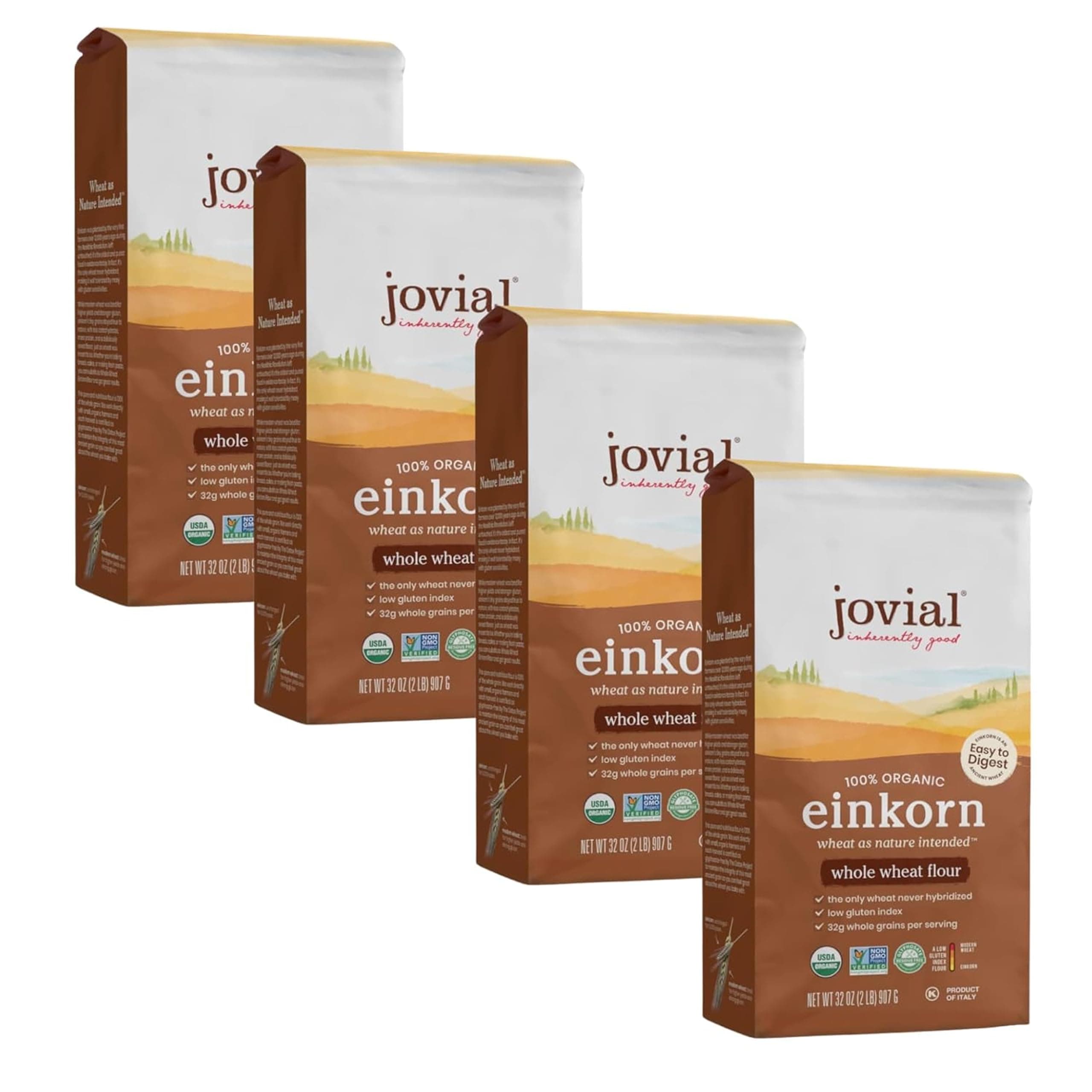 Jovial Organic Einkorn Whole Wheat Flour - Bread Baking Flour for Sourdough, High Protein, Non-GMO, For Organic Pizza & Pasta, European Italian Made, Glyphosate Free - 32 Oz, 4 Pack