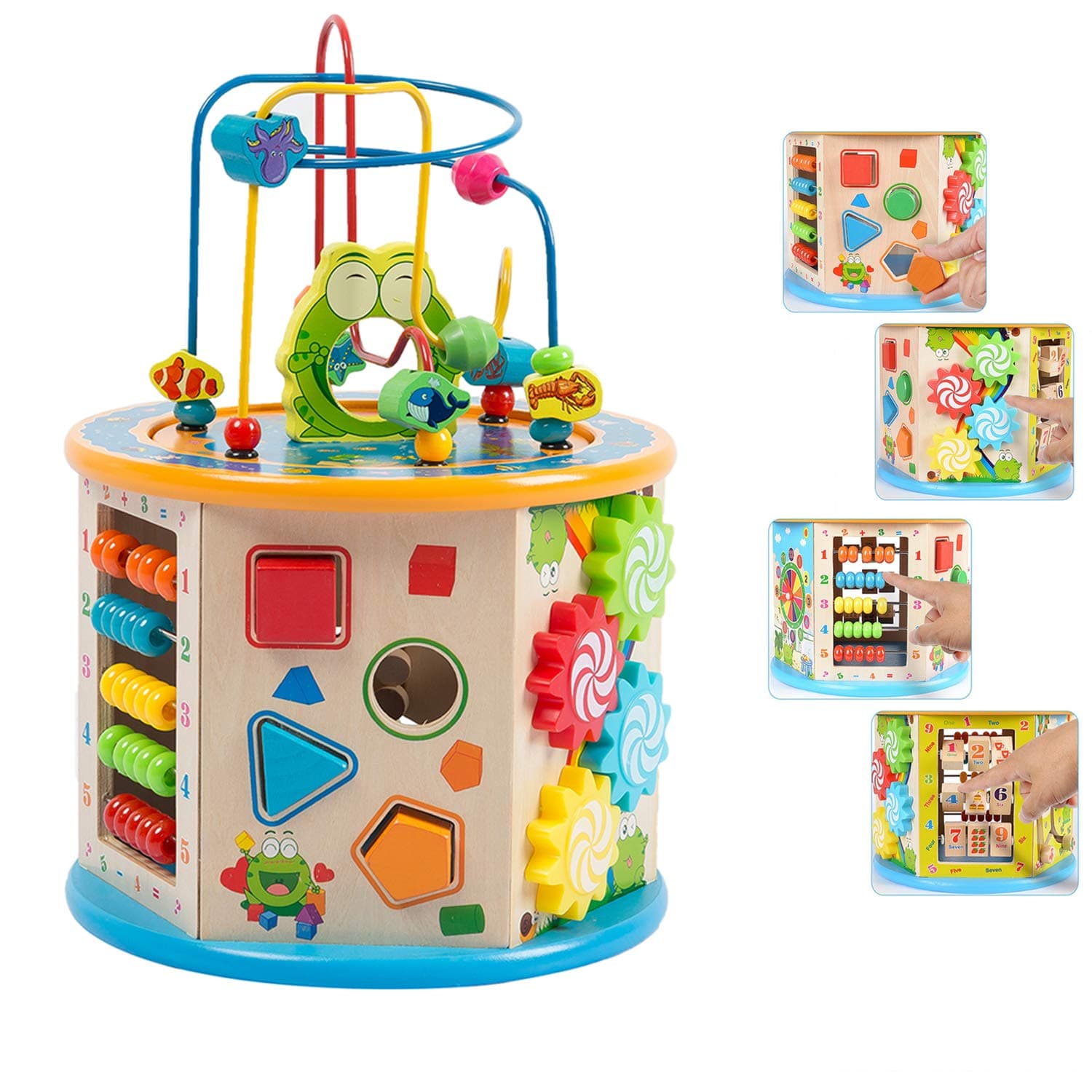 Jamohom Kids Activity Cube Wooden Bead Maze Shape Sorter Multi-Function 8 in 1 Educational Toys for Toddlers Gift（Small Size