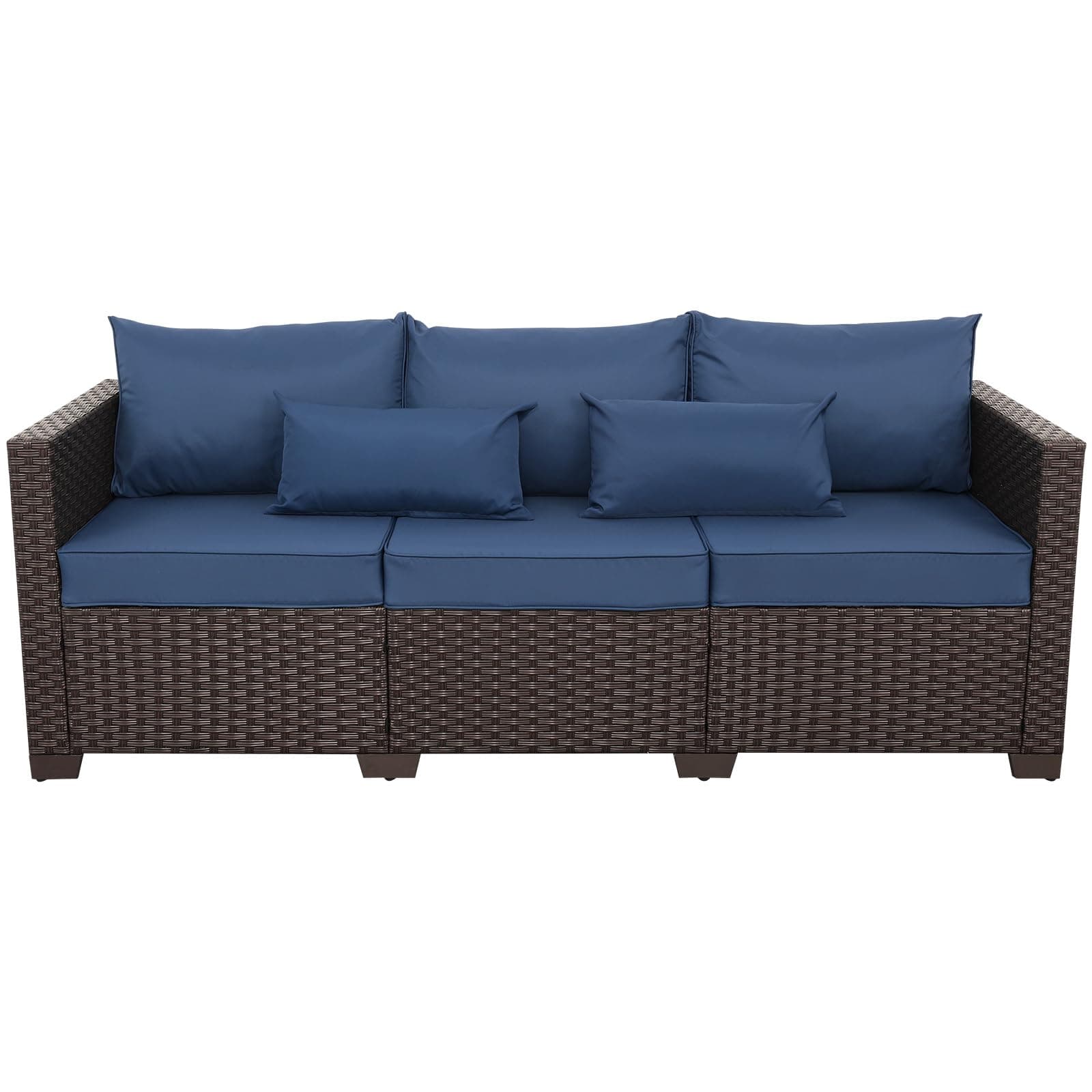 Rattaner 3-Seat Patio Wicker Sofa, Outdoor Rattan Couch Furniture Steel Frame with Furniture Cover and Deep Seat High Back, Blue Anti-Slip Cushion.