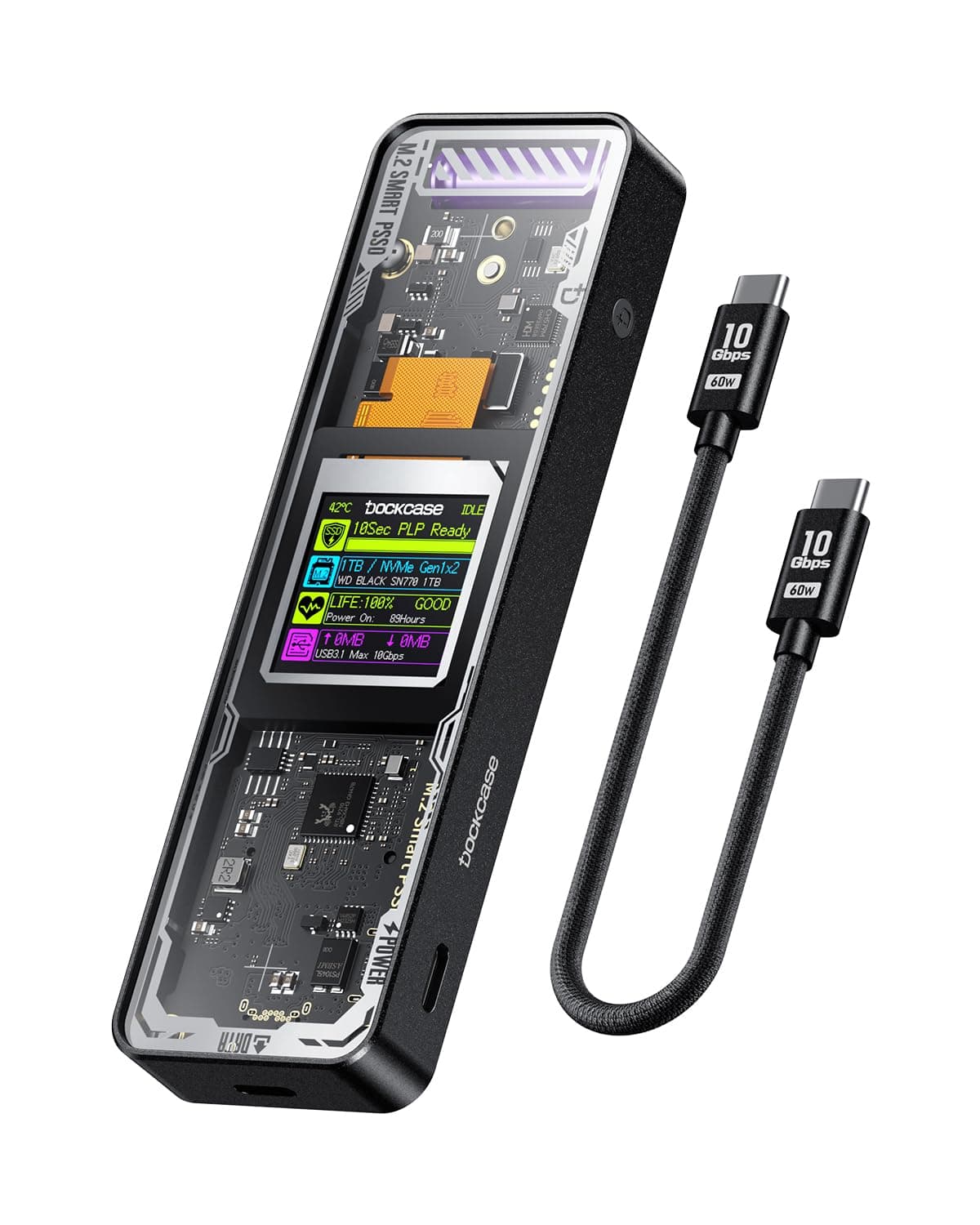 DOCKCASE Explorer Edition M.2 NVMe SSD Enclosure,Support 10s PLP Prevents Write Data Loss,USB 3.2 Gen 2 Type-C (10 Gbps), fits NVMe PCIe,Size 2230/2242/2260/2280,Support M-Key B+M Key UASP…