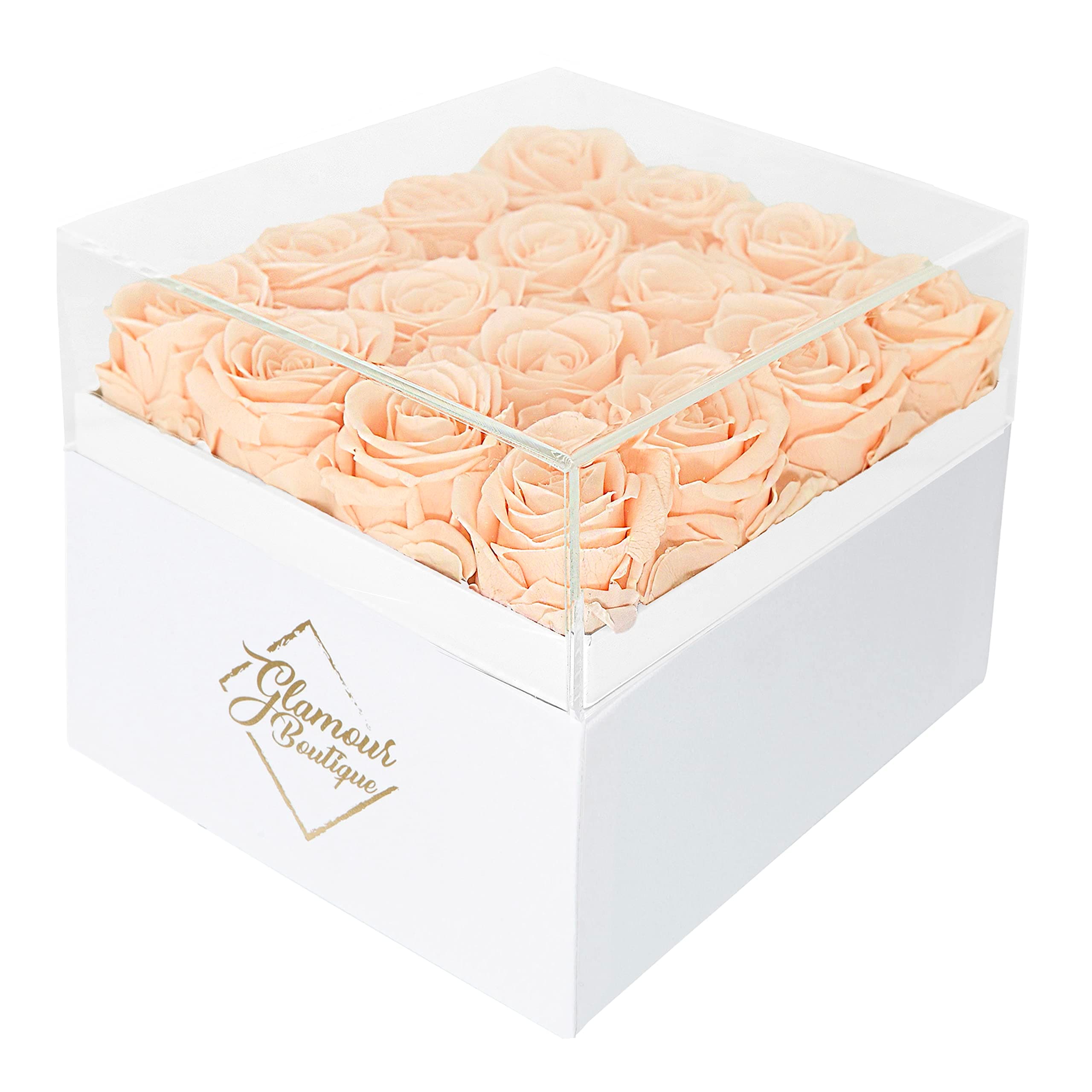 Preserved Roses in a Box - Gifts for Her & Mom, 16-Piece Rose Flowers Decor for Birthday Gift, Cased in White Box with Acrylic Cover, 6.9" x 6.9" x 5.5" - Peach
