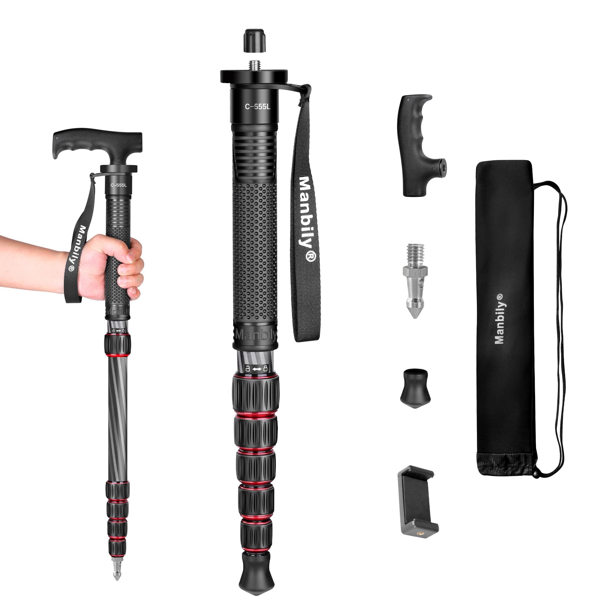Manbily Monopod for Camera, Camera Monopod Carbon Fiber Portable Compact Lightweight Travel Monopod with Walking Stick Handle for DSLR Canon Nikon Sony Video Camcorder (Carbon Fiber, Red&Black)