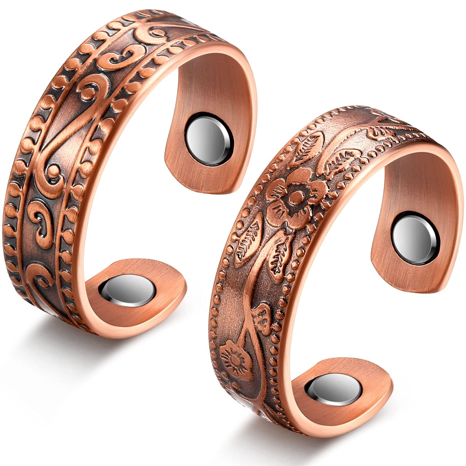 MTLEE 2 Pcs Magnetic Copper Rings for Women and Men - Adjustable Vintage Thumb Ring Jewelry for Fingers Pain Relief (Bronze)