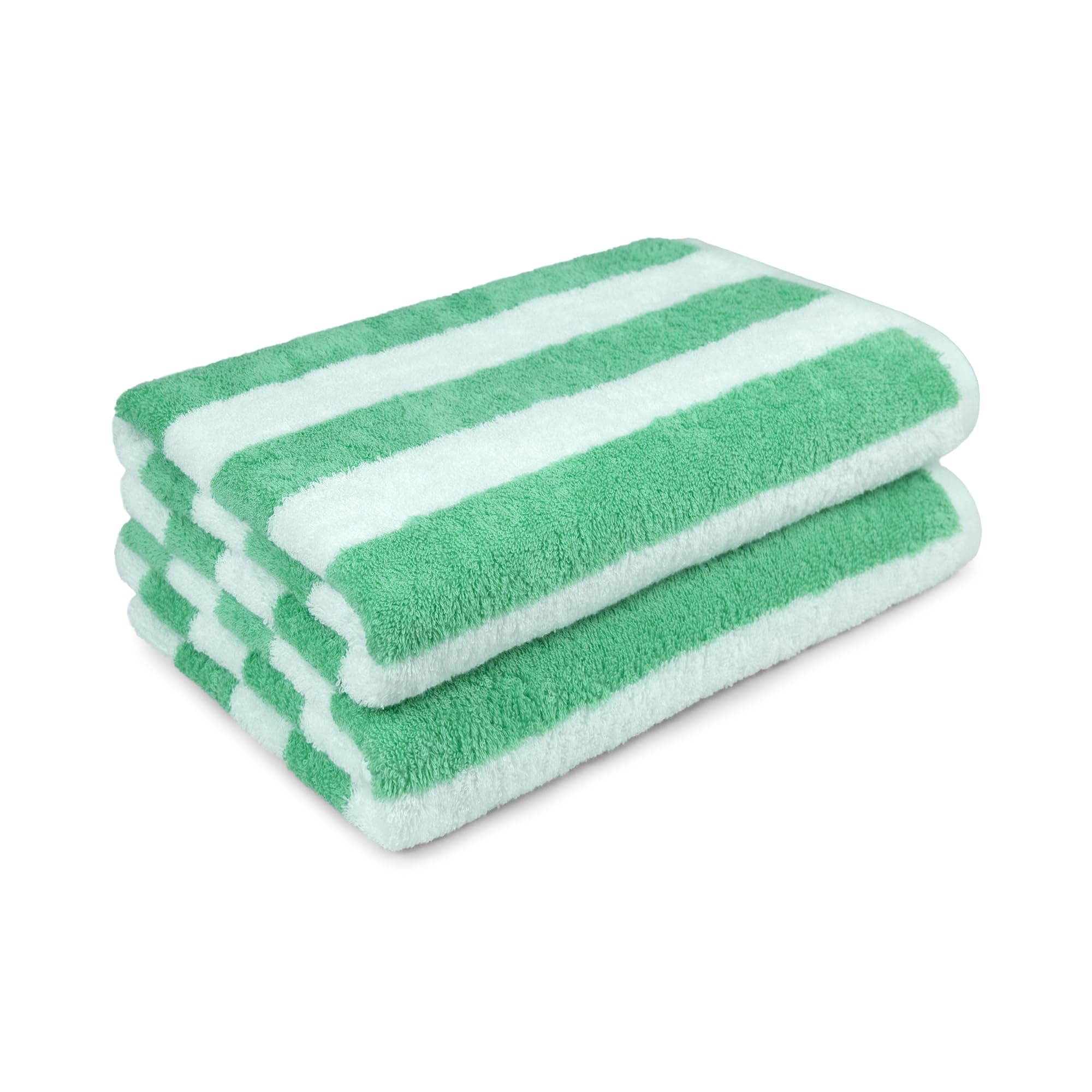 Amazon Basics 100% Cotton Terry Cabana Stripe Pool & Beach Towel, Soft & Absorbent, Quick Drying, Large, 2-Pack, Green, 30" x 60"