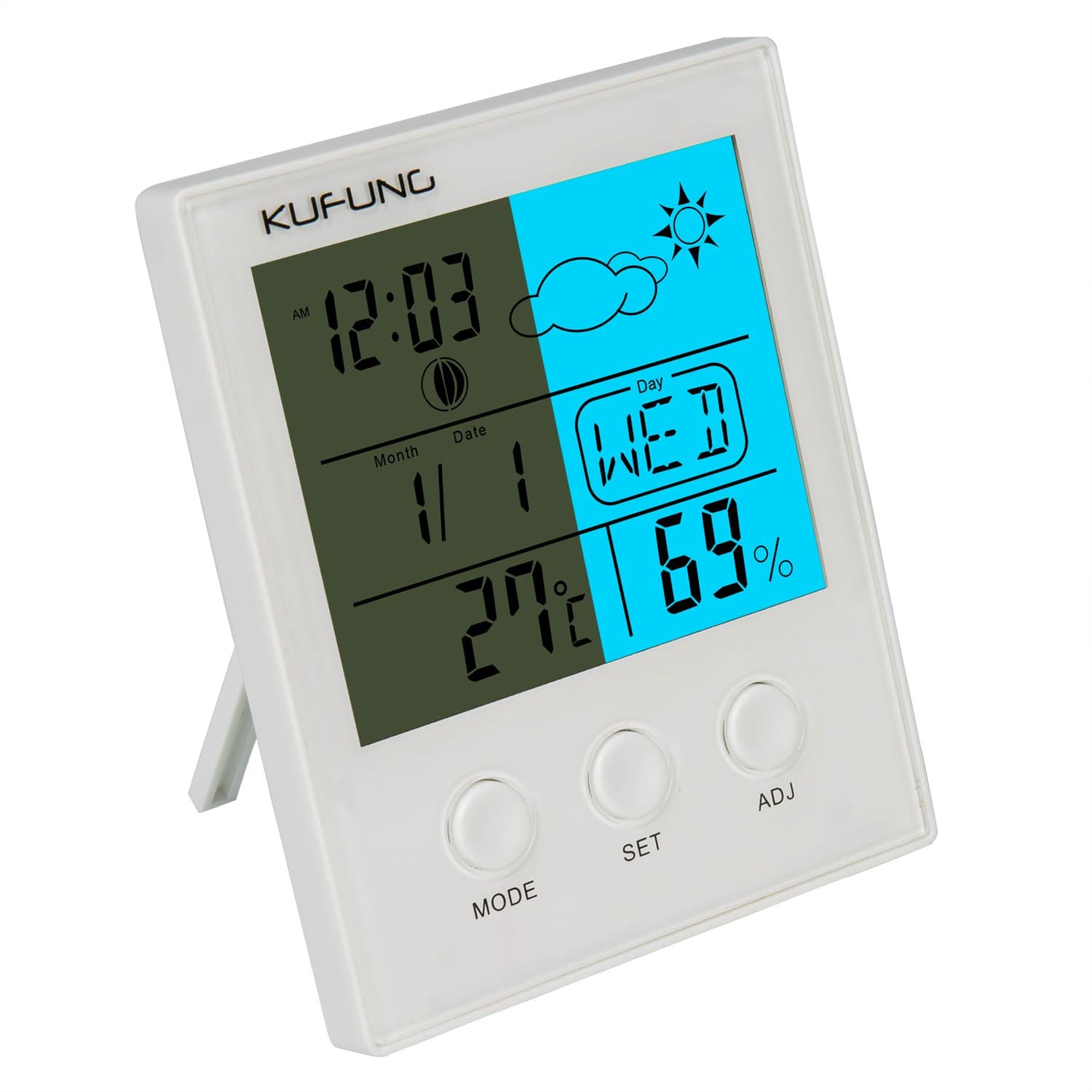 KUFUNG Backlight Hygrometer Thermometer, Digital Humidity Monitor Sensor with large LED display shows temperature,date,weather,Humidity&alarm