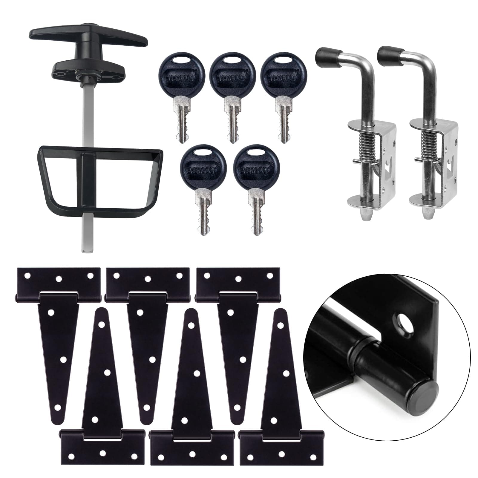 6" Shed Door Hardware Kit with T-Handle Lock & 5 Keys - 6 Hinges, 2 Barrel Bolts - Iron Gate Hardware Set, Black Powder Coated by [BTEOBFY]