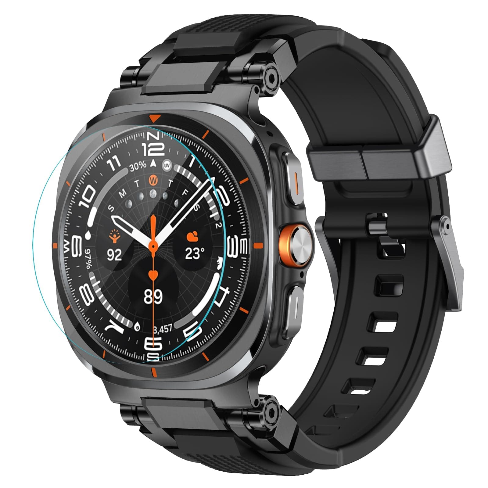 for Samsung Galaxy Watch Ultra (2025/2024) Bands for Men, Metal Connector Rugged Strap for Galaxy Watch 7 Ultra 47mm, Sport Accessories with 9H Tempered Glass Screen Protector - Black/Black