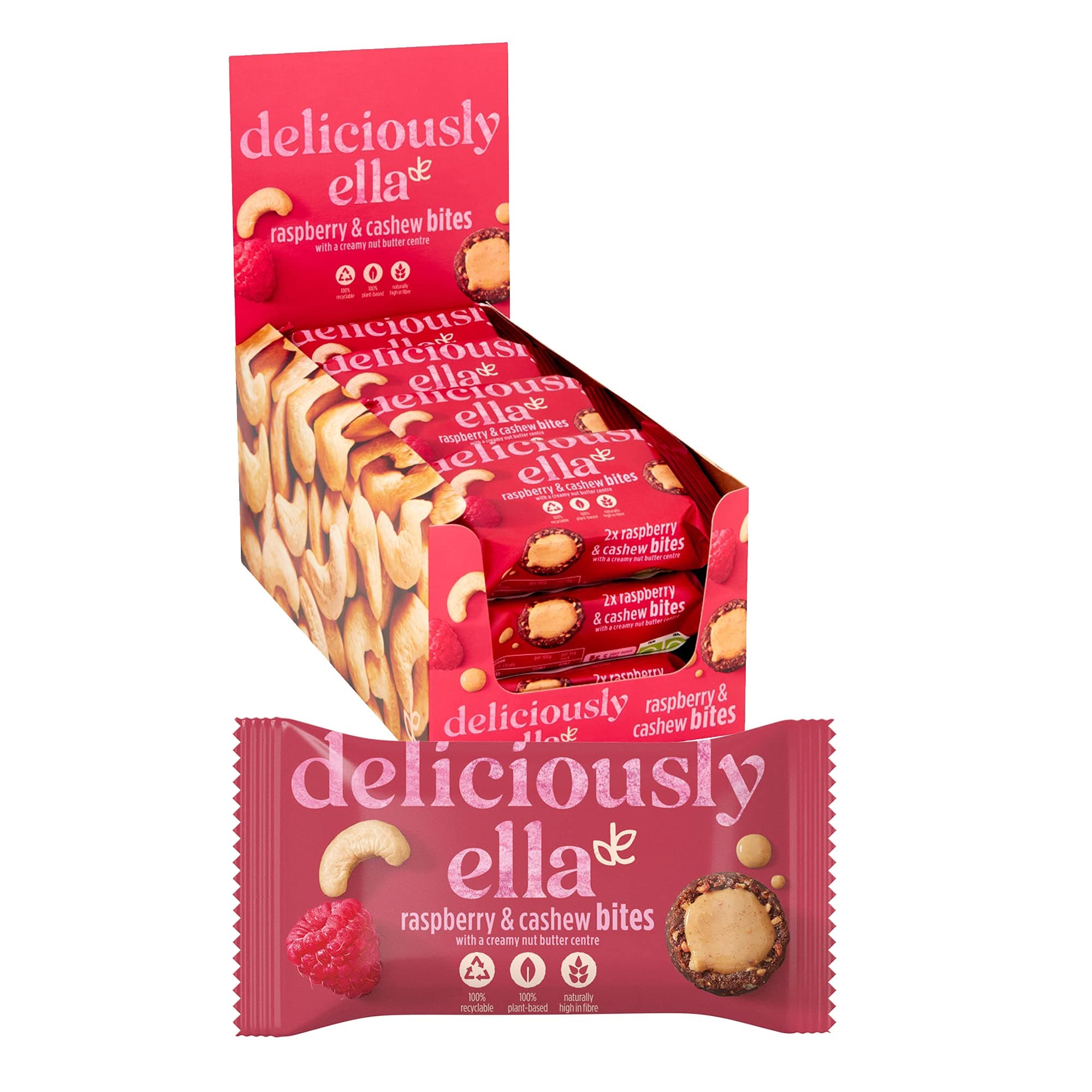 Deliciously Ella - Raspberry & Cashew Nut Butter Bites, Gluten-Free, Vegan Friendly, Healthy Snack, 36g (12 Packs)