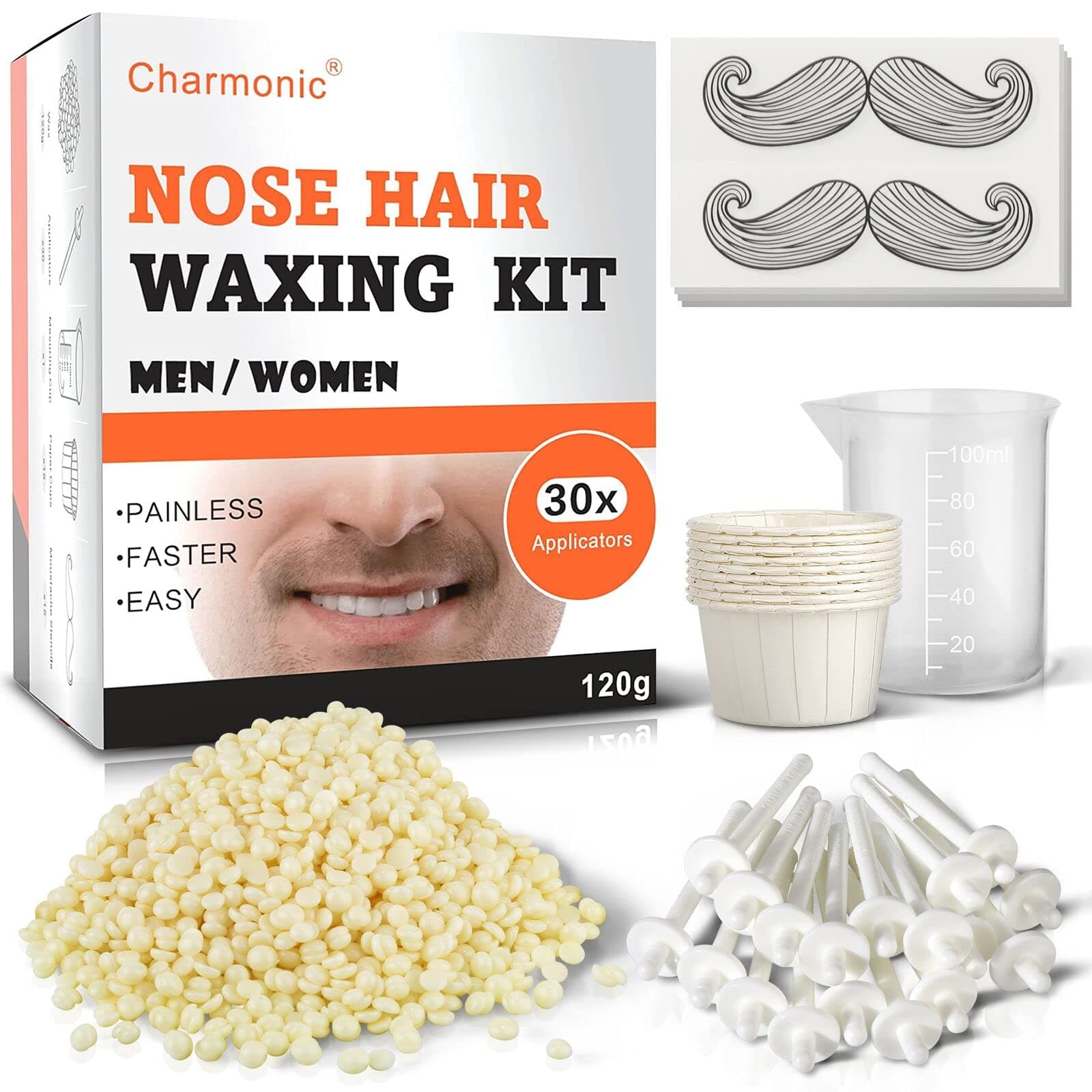 120g Nose Hair Waxing Kit with 30 Applicators, Quick and Painless Removal for Men and Women, Enough for 15-20 Uses