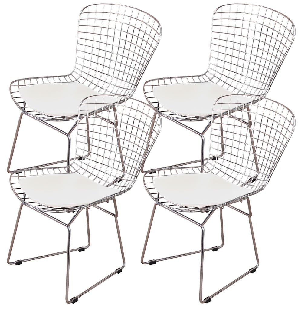 MLF Harry Bertoia Wire Side Chair (Set of 4). Chromed Wire Frame with Plastic Feet & PU Leather Cushion. (White/Cream)