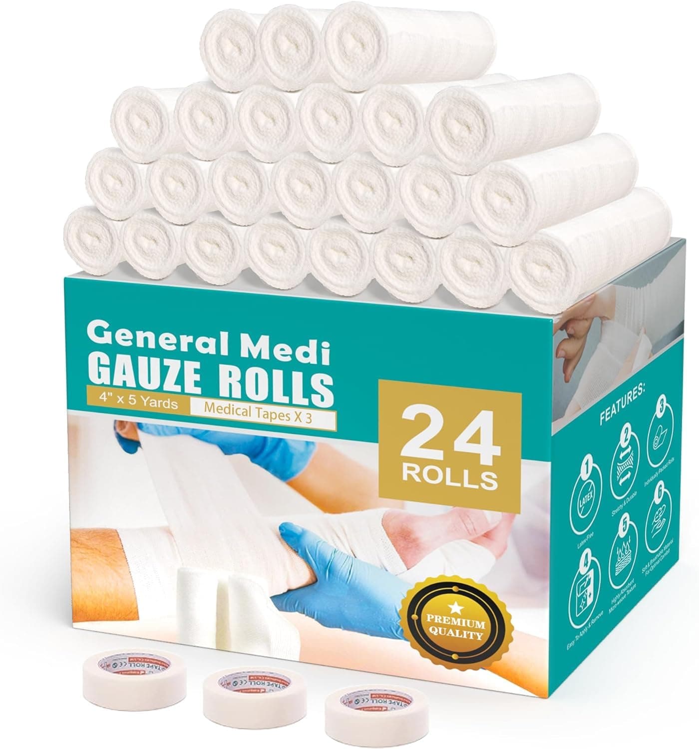 General Medi Conforming Bandage, 24 Pack Gauze Bandage Rolls with Bonus 3 x Medical Tape (10cm x 4.5m Stretched)