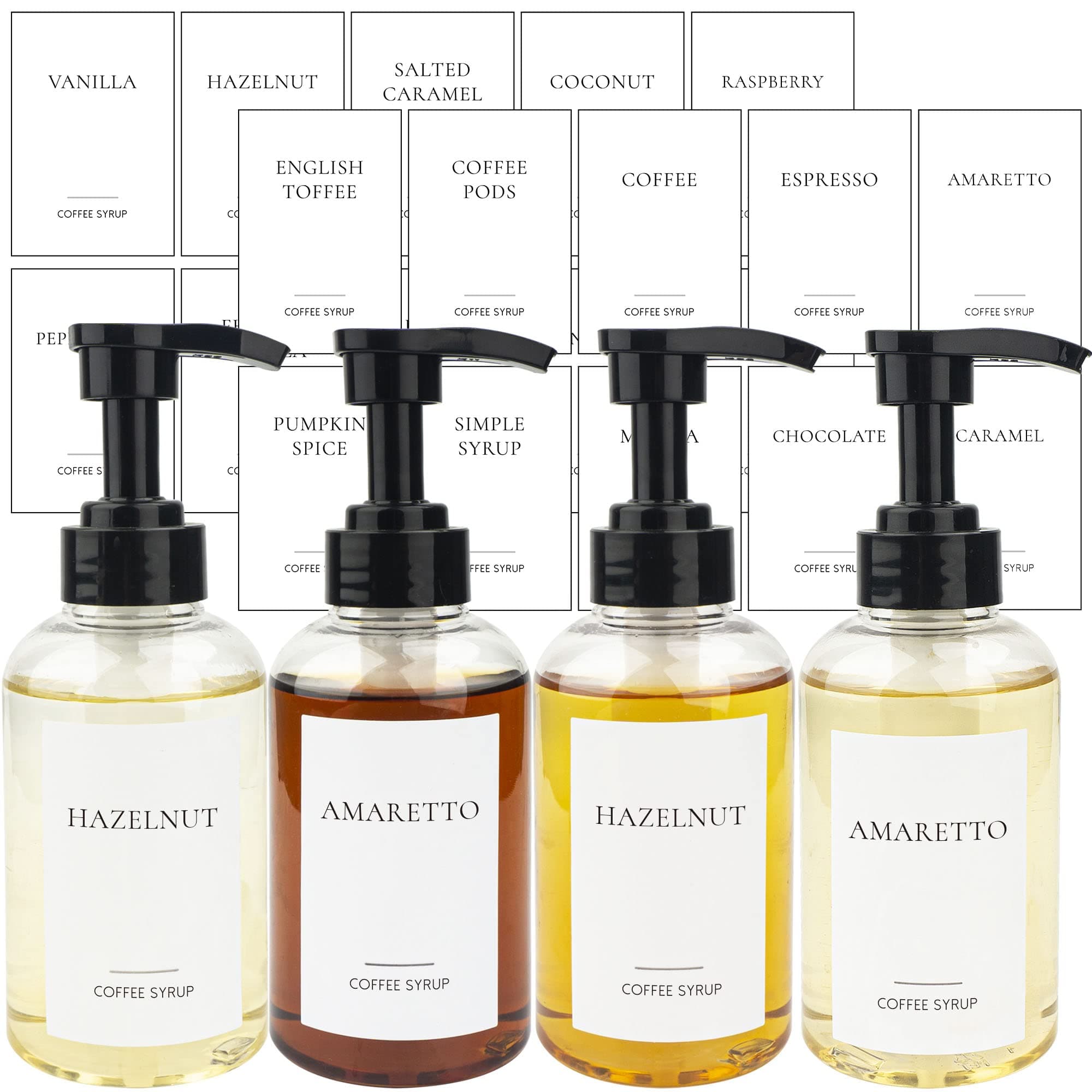 Set of 4 Coffee Syrup Dispenser Bottle 300ml PET Plastic Pump Bottles with Labels for Coffee Bar Station Organization