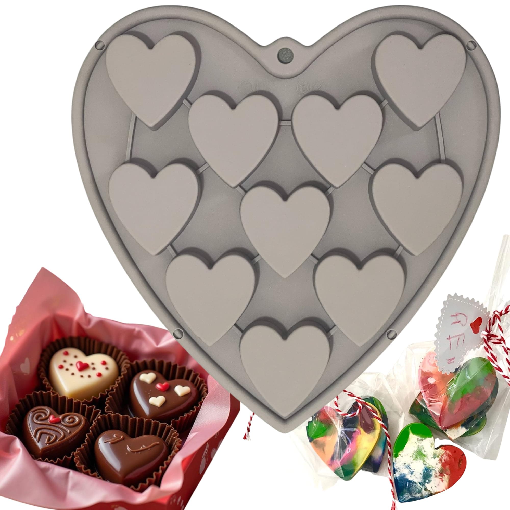 Heart Shaped Cake Pans Heart Silicone Mold for Baking, Large 2 Inches Molds, 10 Cavities Suitable for Ice Cube Mold, Chocolate Mold, Valentines Silicone Molds (1, Grey)