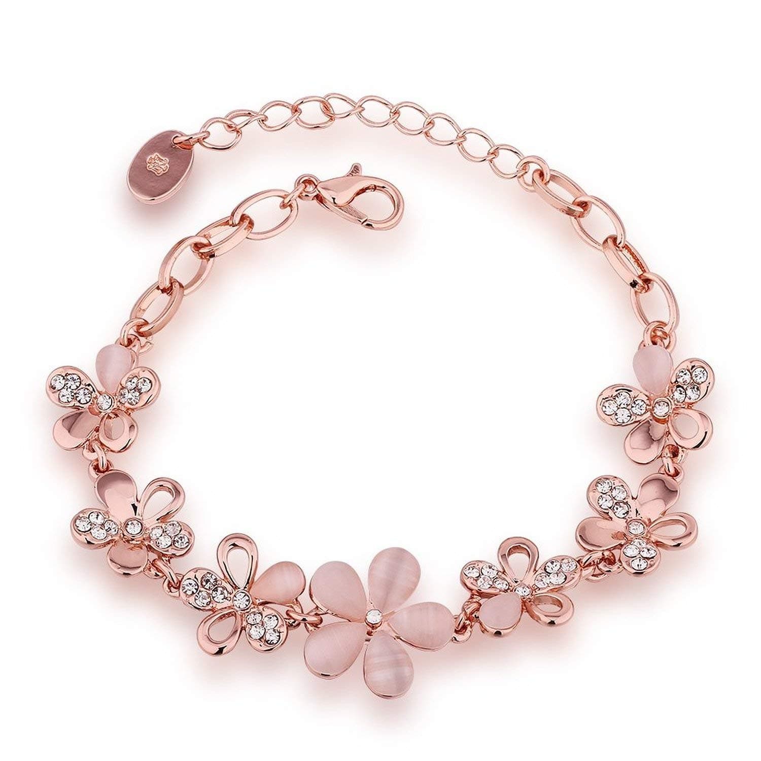 Rose Gold Plated Pink Flowers Link Chain Adjustable Size Charm Alloy Bracelet Decorated With Crystals for Girls & Women BROK1000009