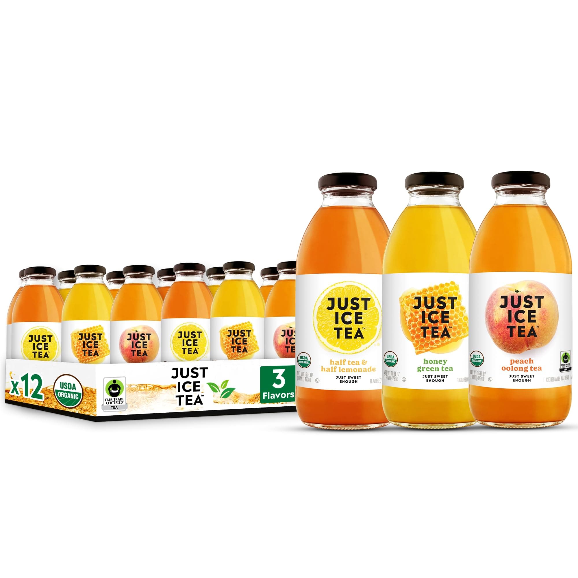Organic Iced Tea, 3 Flavor Variety, 16 Fl Oz Glass Bottles (Pack of 12)