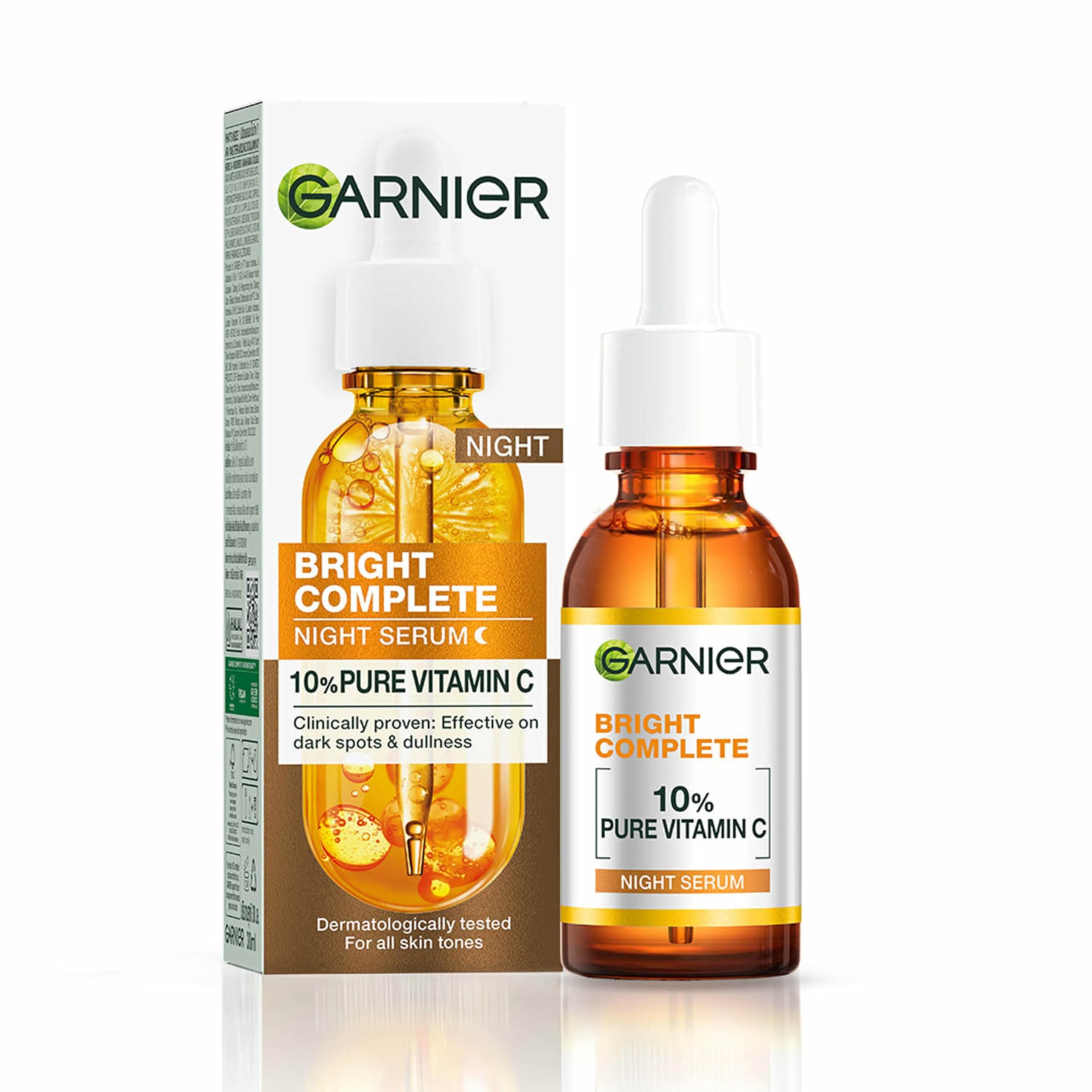 Garnier Bright Complete Night Vitamin C Serum With 10% Pure Vitamin C for Bright Skin, PM Routine Vitamin C Serum Suitable For All Skin Types, 30ml